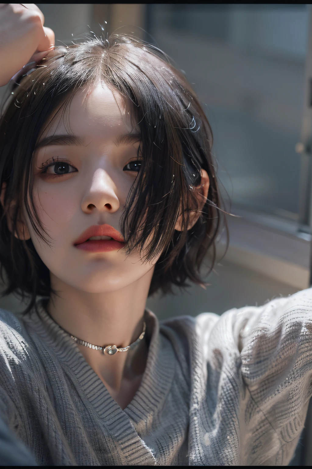 (Photoreal Stick:1.2)、8K UHD、hight resolution、(1girl in)、((profile))、(black hair shorthair)、((Knee shot))、(High quality shadows)、Detail Beautiful delicate face、Detail Beautiful delicate eyes、in her 20s、(A dark-haired)、Pretty Kpop Girl、(Korean Urzan Face)、(ulzzang -6500-v1.1:0.6)、(look up sky)、gloweyes、perfectbody、 Incredible dynamic range photography(UTIL_Art by Smoose-768:1.1), teak、Bright red lipstick、Glossy lips、Natural color reproduction、((strong lights))、(a choker)、(Red transparent nose)、((Red eyes))、((Beautiful Finger))、 (short-hair)、Shiny hair、Description beautiful delicate hair、(Lustrous skin)、(Black see-through dress)、(black hair short cut)、(early evening)、(by the window)、(Ruins of concrete)、(Background blur)、