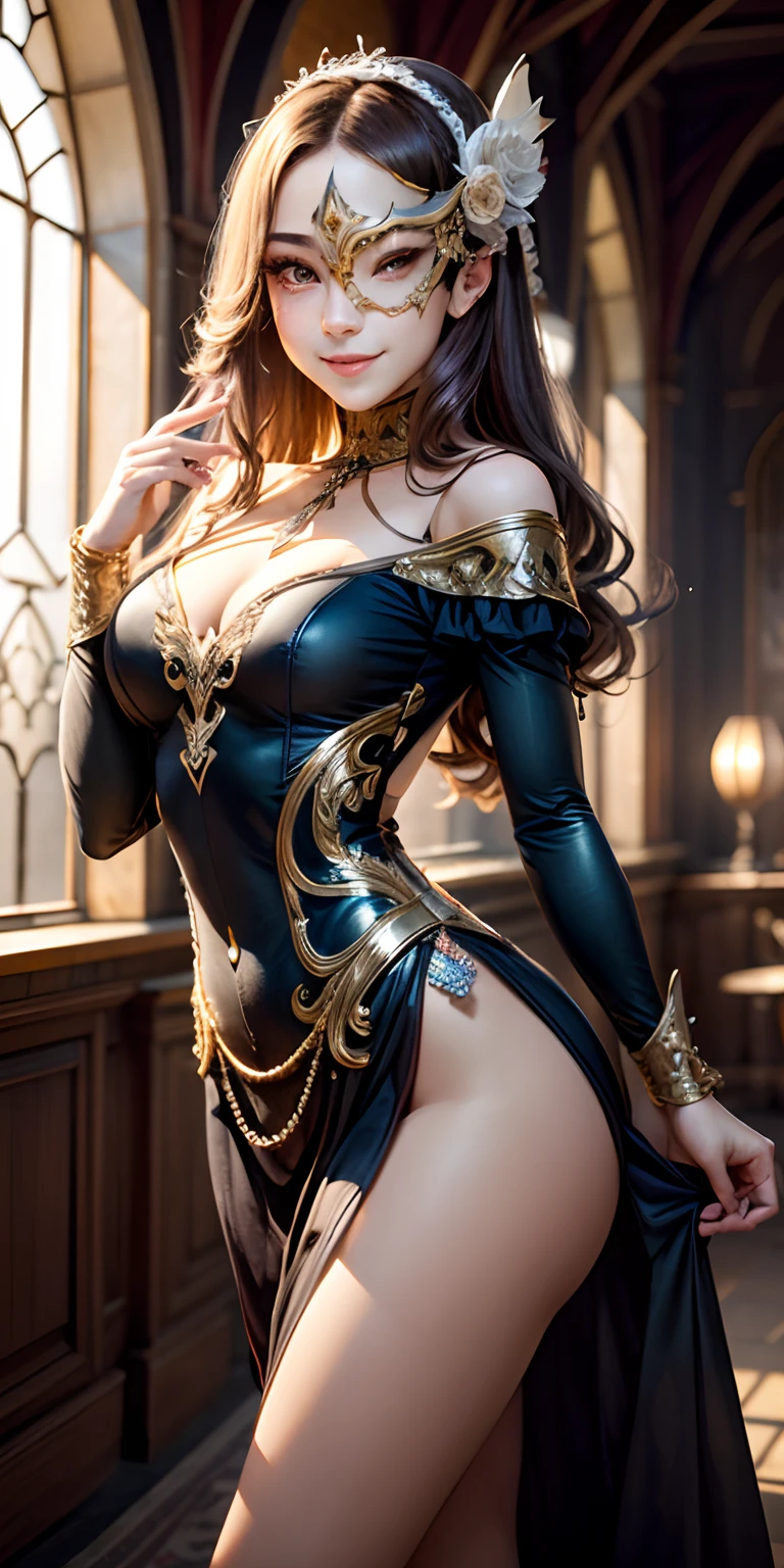 realisticlying、A 23-year-old girl、Medieval European aristocracy、(Masquerade)、Sideways view、Wearing a white long-sleeved dress、Various sexy poses、(Venetian mask)、Face smile、Depicts the whole body、dance