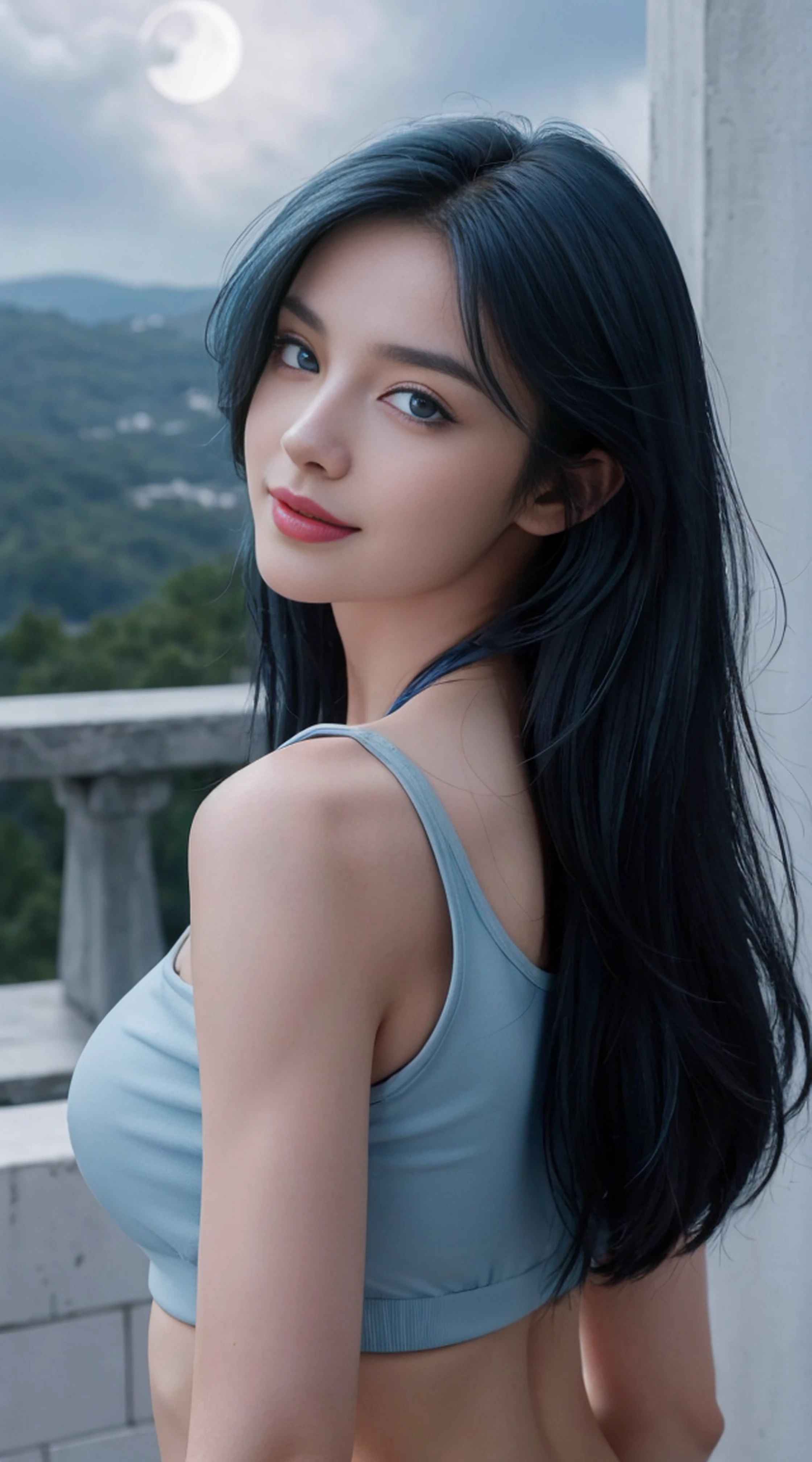 8K, Top Quality, Intricate Details, Ultra Detail, Ultra High Resolution, Masterpiece, looking back , Slender, Smile, (Makeup: 0.4), (Fluffy Blue Eyes: 1.21), blue Eyes,, ((full body)), 1girl, solo, 1 girl, (( full body)), shot from behind, close-up shot, standing , , ((tall)), (((fit body))), (((slim face))), sharp face, sharp eyes,(((blue hair, extra long hair , )) (detailed face), sharp face, small lips, thin lips,
(( Crop top )), detailed face, detailed breast, , large breast, detail ass, round ass , Beautiful girl with accentuated slender abs: 1.4, Six Pack Abs: 1.4, Bust Botox, Big, Perfect Body, detail leg, (( moonlight)), cloudy, top of mountain