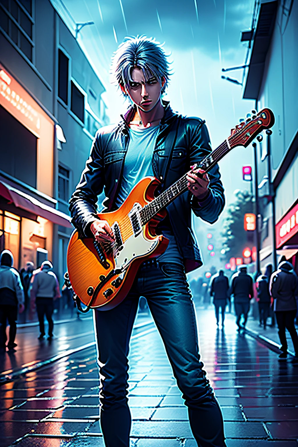 Rock guitarist playing in the rain,Stand on the street,exaggerated poses