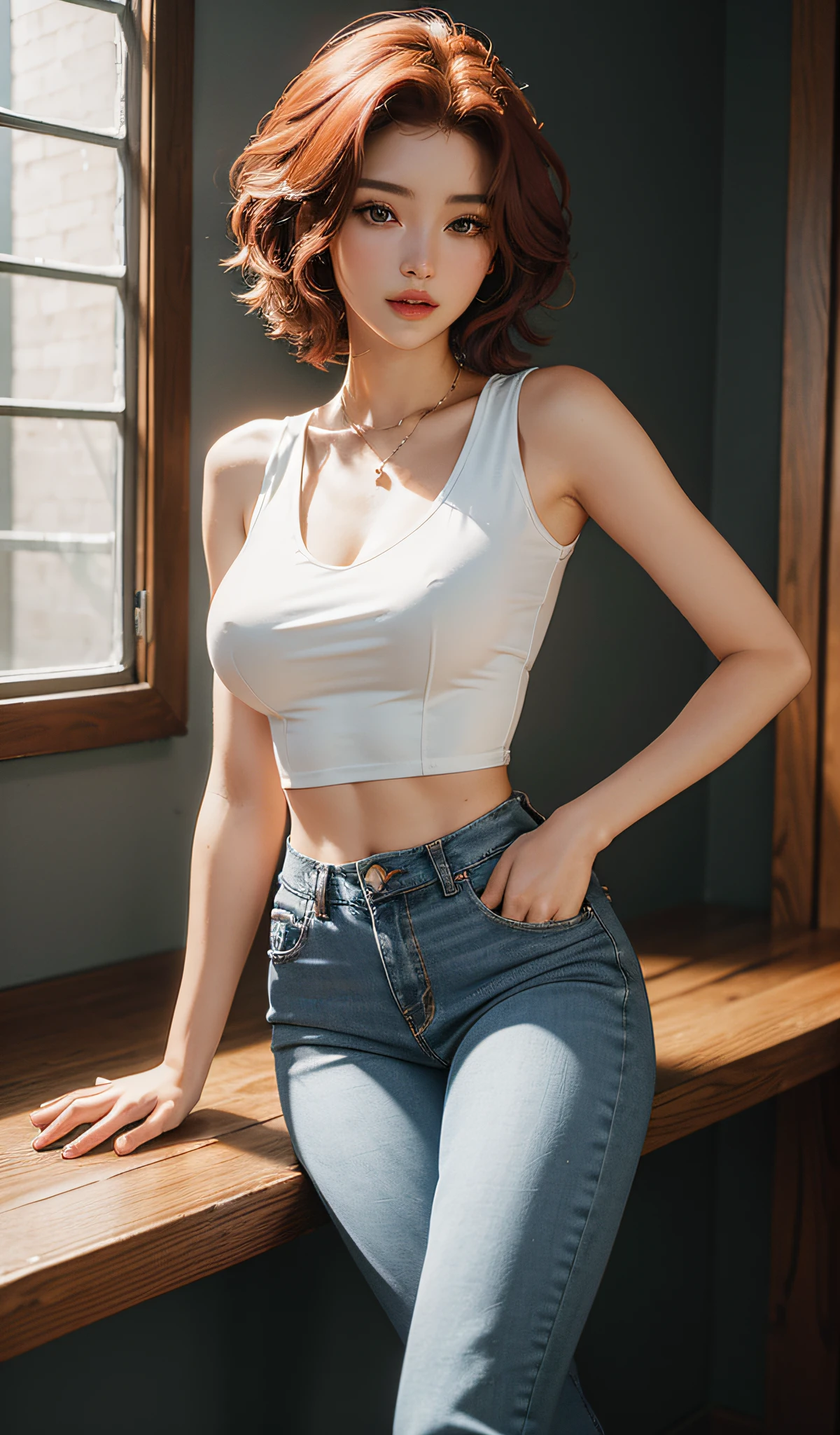 Super sexy Maria dressed (Low-cut and tight (Flare Jeans)),((full bodyesbian)),((Long legs)), ((White crop top top:1.5) Vest with exposed neckline), Short hair, red hair, photorealestic, photography of, (A high resolution), (realisticlying:1.4), (very intricate), (exquisitedetails), highly detailed, A high resolution, Original, Extremely detailed 8K wallpaper, best qualtiy, 详细的脸, ultra - detailed, RAW photogr, realisticlying, (thigh gap:1.5),(big assa),