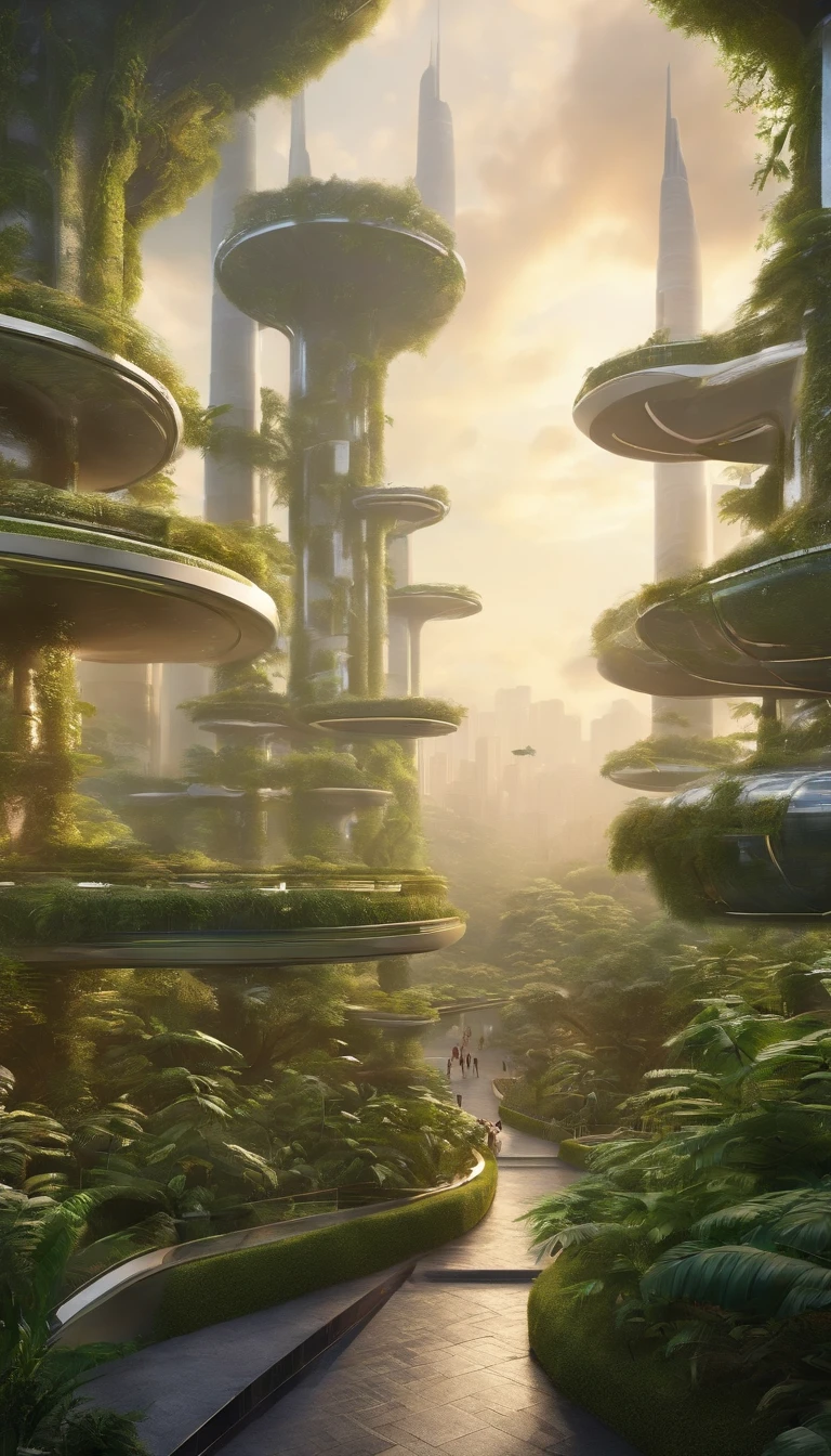 Futuristic city streets, There are smart forest cities, This is a botanical garden in a modern city. It is built on the Mayan heritage and its connection to nature and the sacred world. Nature and the urban environment are seamlessly intertwined, Create a harmonious organic entity. The scene quality is the highest, The resolution is 4K or 8K, Provides ultra-detailed and realistic visuals. The lighting has been carefully designed,to enhance the overall atmosphere, Emphasize key elements with studio lighting technology. The artwork style should capture the essence of the scene, Incorporate portrait elements, Landscapes, and science fiction,Create unique and captivating visual experiences. The color palette is vibrant and vivid, Combined with rich tonal combinations,Convey a futuristic and organic atmosphere. The main focus is on girls walking down the street, Should have beautiful and delicate eyes, Lips, and face, As well as long eyelashes. Her appearance is stylish and modern, Stand out in a futuristic cityscape. The streets are lined with lush greenery, Trees and plants blend seamlessly into the urban environment. Smart Forest City exudes a sense of harmony and tranquility, The sounds of nature blend in with the bustling city life. The urban architecture showcases the fusion of modern technology and organic elements, Blends seamlessly with the surrounding vegetation. The scene is full of small details, Such as holographic billboards, Flying vehicles, And futuristic technology, Increase the depth and complexity of your artwork. The overall composition should convey a sense of awe and wonder, Capture the beauty and grandeur of Smart Forest City.