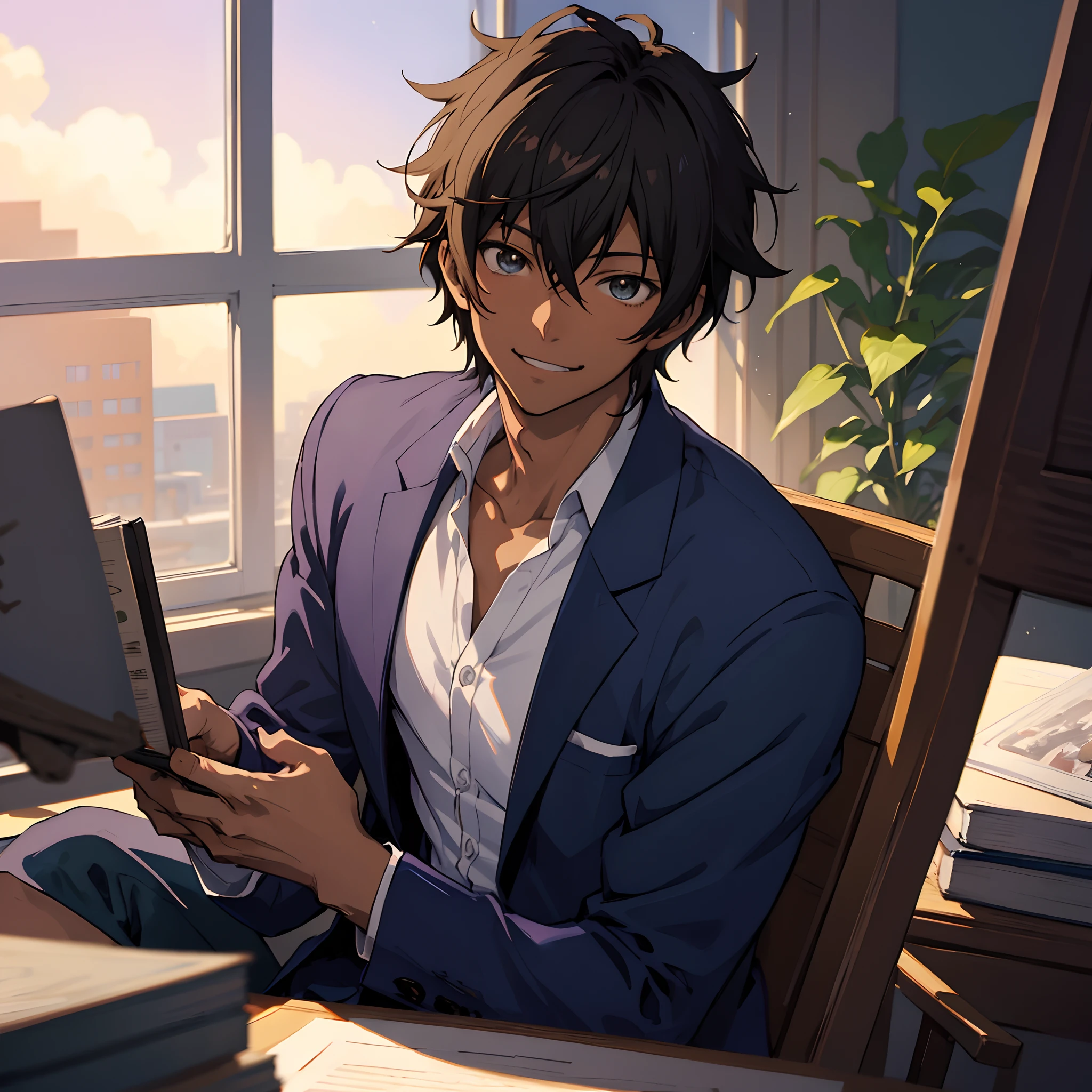 anime boy sitting at a desk with a book in front of him, anime handsome man, young anime man, anime portrait of a handsome man, realistic anime artstyle, handsome anime pose, makoto shinkai. digital render, inspired by Okumura Masanobu, anime. soft lighting, painted in anime painter studio, anime style portrait, anime moe artstyle, (smile), dark skin