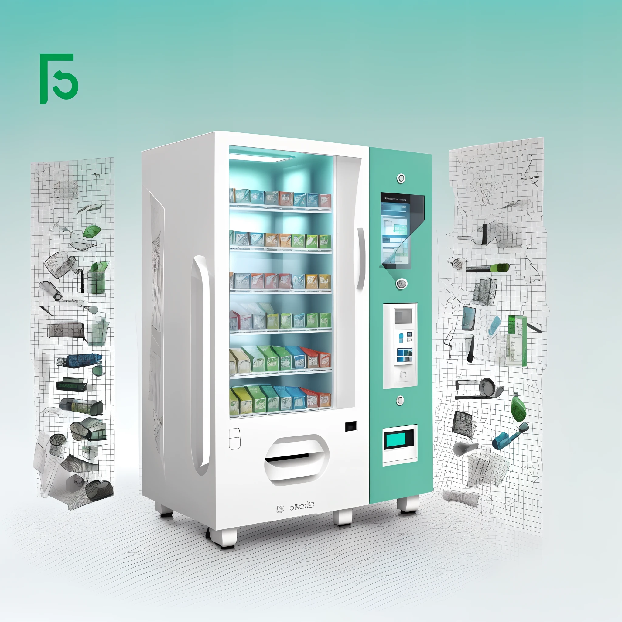 mouth mask，pharmaceuticals，and other medical elements，or vending machines related to products such as medical， The panel is centered， Official product image，The upper large screen is the advertising screen，The small place that protrudes from the front is the card machine，The body is simple，Literary style design，Reasonable elements with medical elements appear on the body, Such as a doctor , Other elements，Such as masks and viruses, etc，Concise elements，Elements such as the sense of design can also be a little more and so on，The whole is dominated by light green and blue，The color distribution can be 50 each%The elements are more diverse, You can be a little more medical，More technical