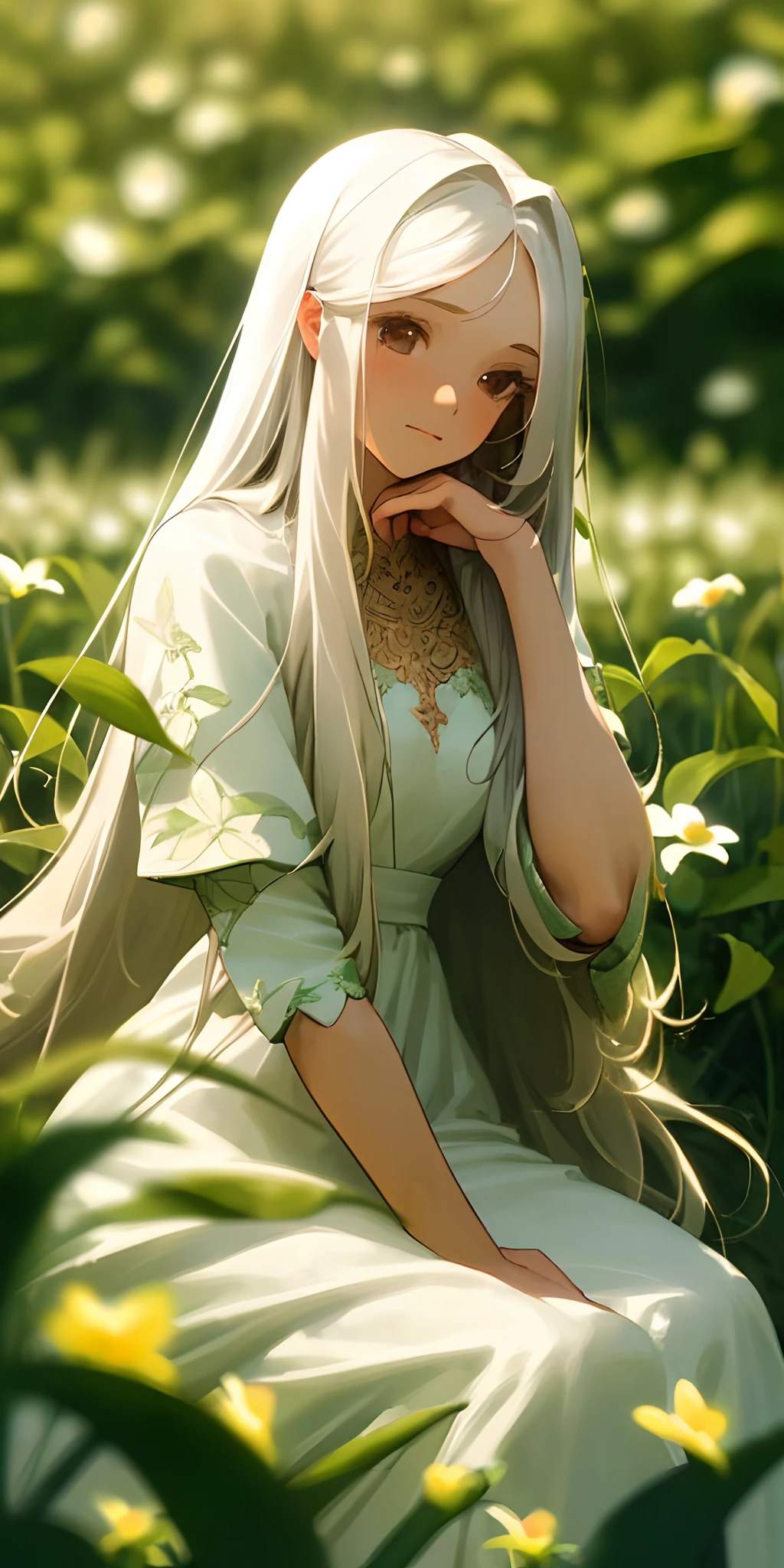 (masterpiece, top quality), one girl with long white hair sitting in a field of green plants and flowers, hand under chin, warm lighting, white dress, blurry foreground, , lightly dressed