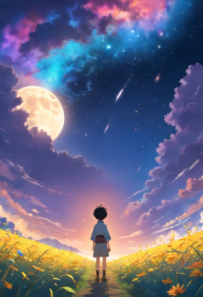 expansive landscape photograph , (a view from below that shows sky above and open field below), 1boy standing on flower fire field looking up, short black hair and jujutsu kaisen uniforme, (full moon:1.2), ( shooting stars:0.9), (nebula:1.3), distant mountain, tree BREAK production art, (warm light source:1.2), (Firefly:1.2), lamp, lot of purple and orange, intricate details, volumetric lighting, realism BREAK (masterpiece:1.2), (best quality), 4k, ultra-detailed, (dynamic composition:1.4), highly detailed, colorful details,( iridescent colors:1.2), (glowing lighting, atmospheric lighting), dreamy, magical, (solo:1.2)