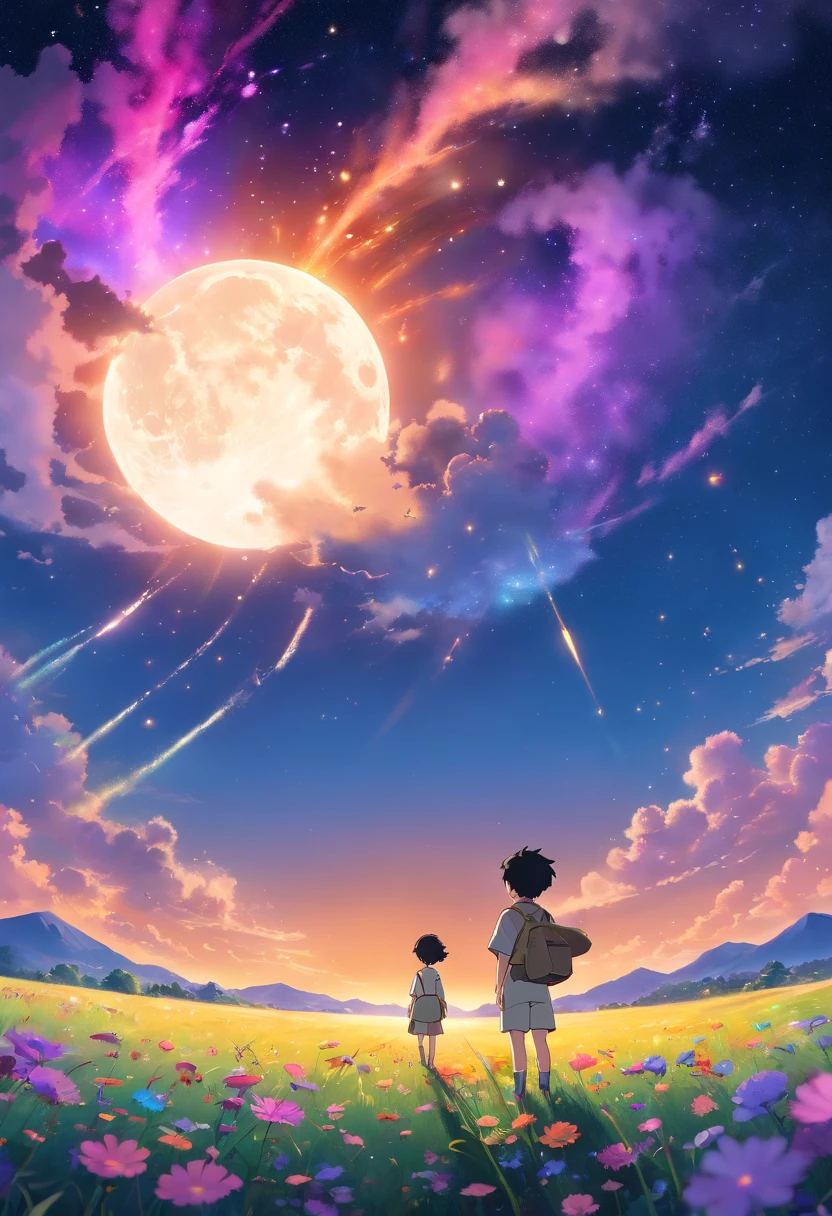 expansive landscape photograph , (a view from below that shows sky above and open field below), 1boy standing on flower fire field looking up, short black hair and jujutsu kaisen uniforme, (full moon:1.2), ( shooting stars:0.9), (nebula:1.3), distant mountain, tree BREAK production art, (warm light source:1.2), (Firefly:1.2), lamp, lot of purple and orange, intricate details, volumetric lighting, realism BREAK (masterpiece:1.2), (best quality), 4k, ultra-detailed, (dynamic composition:1.4), highly detailed, colorful details,( iridescent colors:1.2), (glowing lighting, atmospheric lighting), dreamy, magical, (solo:1.2)