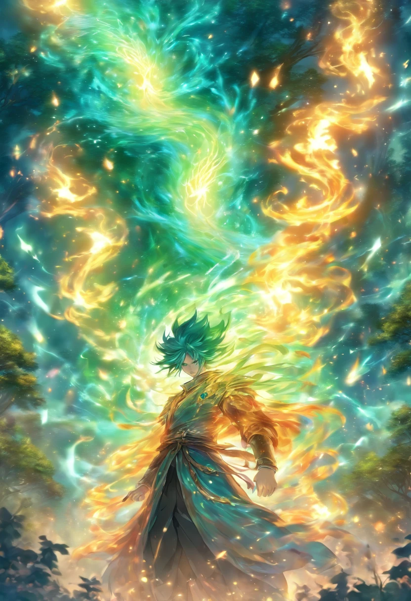 In the good old forest, The essence of magic is shaped through a young man, His hair is as dark as a shadow、His eyes were glowing golden flames. A mysterious mark adorns his neck, Shimmer with potential power. Within liquidation, He stands swallowed by a torrent of chains of flames, The heat of fire tempered by otherworldly energies. Magic fire swirled、Like dancing, It evokes the swirling dance of luminescent particles, Each is a fragment of his ethereal aura. Inexplicable symbols materialize in the air, Their brilliance casts an eerie light on his intense focus. The scene exudes a sense of ancient power and hidden knowledge, As if the forest itself lives on long-forgotten secrets. The mood is one of gentle intensity, A place where the balance of nature and magic intertwines. Illustration style is、Capturing this mystical aura through detailed digital artistry, Combination of complex lineart and vivid color palette. --ar 16:9 - V5