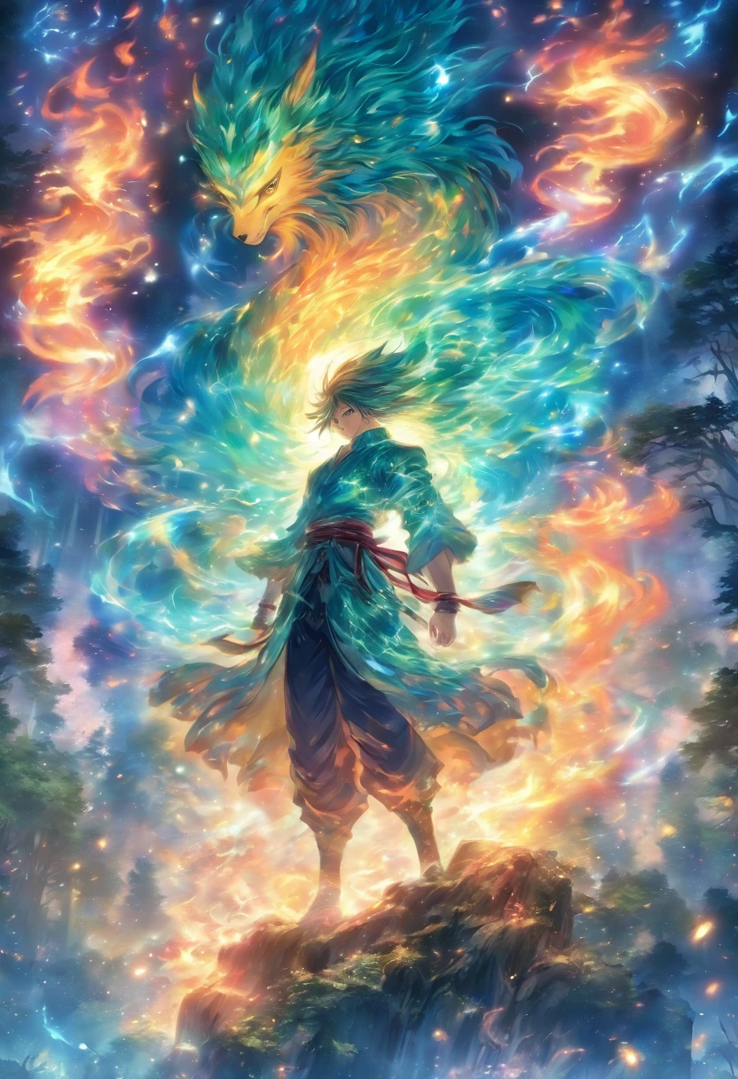 In the good old forest, The essence of magic is shaped through a young man, His hair is as dark as a shadow、His eyes were glowing golden flames. A mysterious mark adorns his neck, Shimmer with potential power. Within liquidation, He stands swallowed by a torrent of chains of flames, The heat of fire tempered by otherworldly energies. Magic fire swirled、Like dancing, It evokes the swirling dance of luminescent particles, Each is a fragment of his ethereal aura. Inexplicable symbols materialize in the air, Their brilliance casts an eerie light on his intense focus. The scene exudes a sense of ancient power and hidden knowledge, As if the forest itself lives on long-forgotten secrets. The mood is one of gentle intensity, A place where the balance of nature and magic intertwines. Illustration style is、Capturing this mystical aura through detailed digital artistry, Combination of complex lineart and vivid color palette. --ar 16:9 - V5