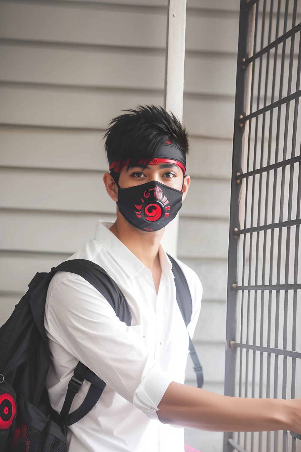 Anime look in dark atmosphere with glowing sharingan eyes and a mask