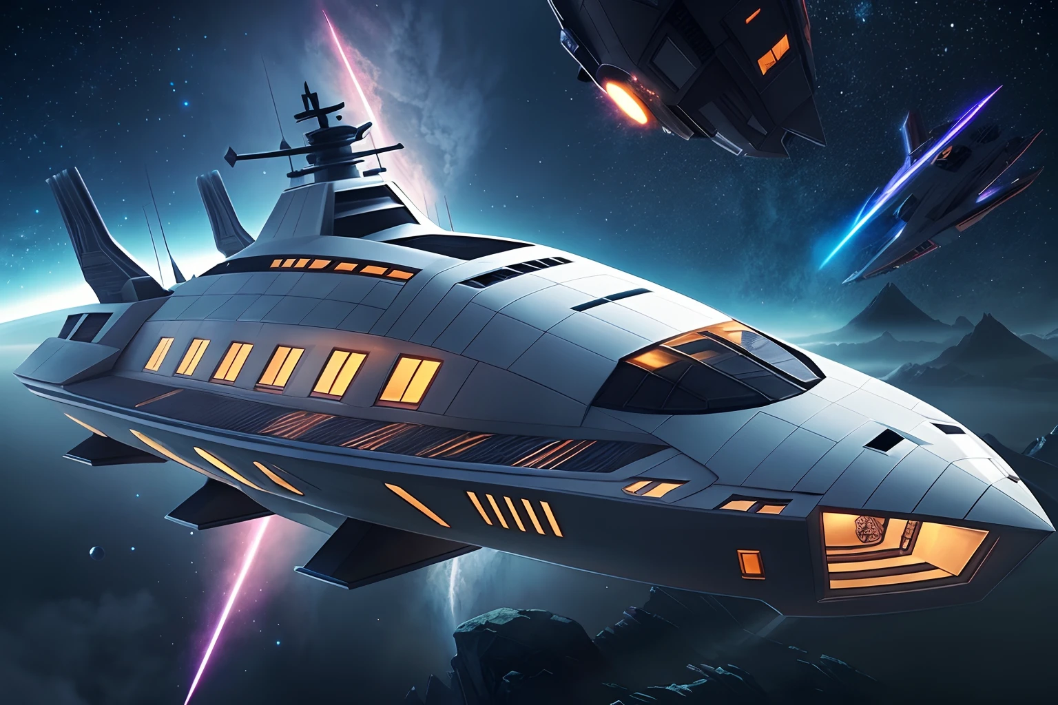 fantasy concept art,1 giant spaceship,The city of the future,Intergalactic colonists,It was dark all around,Beautiful lights illuminate the boat,24th century,sci-fy,Futuristic,The background is a magnificent view of cosmic space,tmasterpiece,best qualtiy,high qulity,realisticlying,epic shot,电影灯光,16k,Very fine and beautiful,The is very detailed,True shadows,