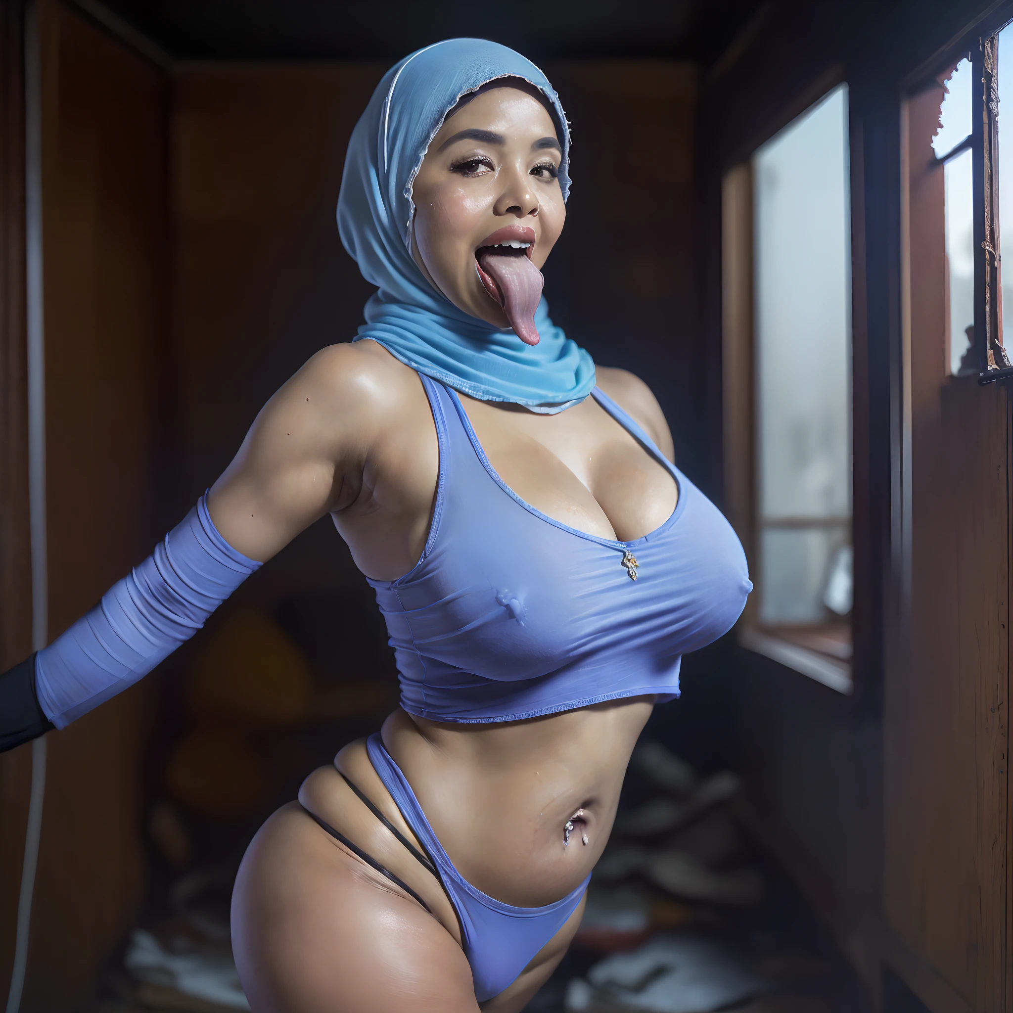 (​(masutepiece, Best Quality, High resolution, 32K HDR)), (((1womanl, Solo))), (Ultra realistic portrait of mature Malaysian woman:1.3, Mature Muslim Woman:1.2, Chubby Malaysian Woman:1.35, She is a 50-year-old Malaysian:1.35, hijab:1.3, Housekeeper, Tanned skin:1.2, full :1.55, , Bare legged:1.2, rubber glove:1.2), (Tongue out:1.7, Shabby abandoned house:1.15, Shaved armpits:1.3, ultra gigantic tits:1.5), Dark atmosphere,