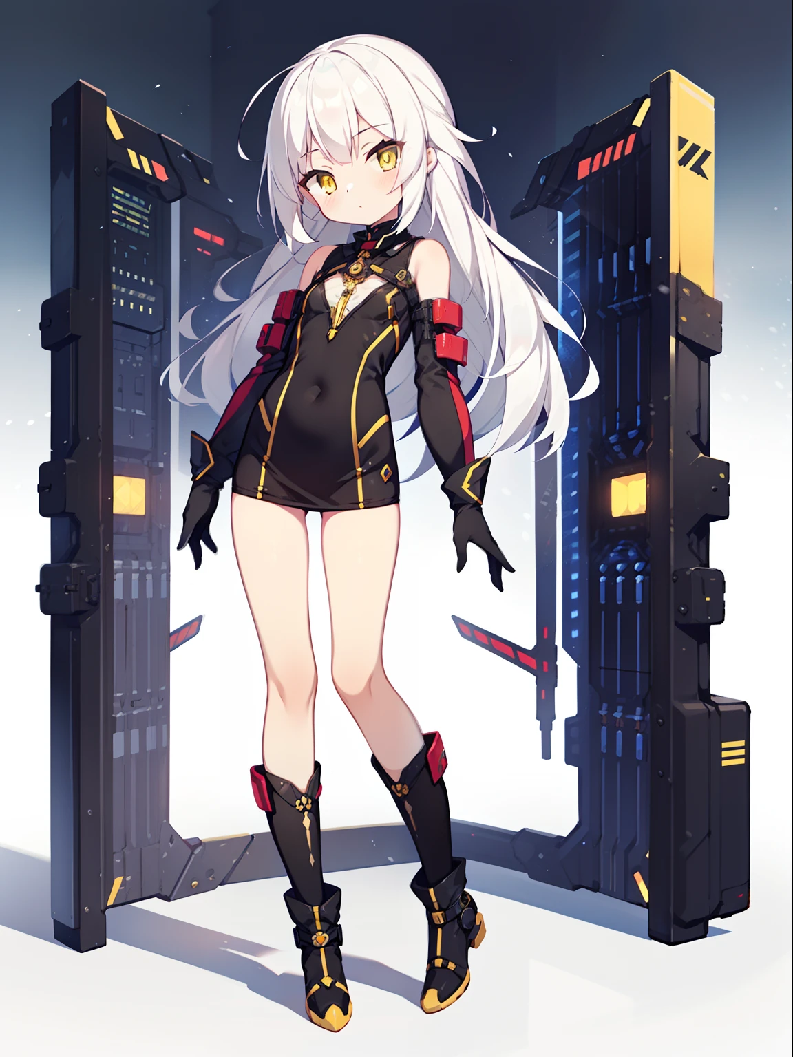 Colorful , masutepiece, Best Quality, 1girl in, loli, white hair, long hair, straight haur, yellow eyes, shiny eyes, Black inner suit that sticks to the body, Sci-fi boots, Full body standing picture, petite, looking at left, Mechanical gloves, Full body tights, ratex,