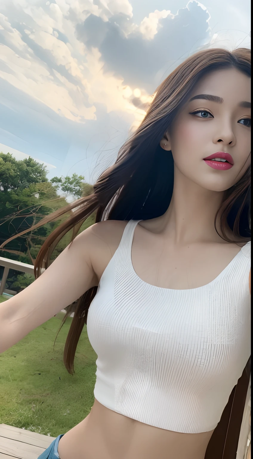 Fashion model 18 years old [[[[closeup cleavage]]]], [[[[boobgasm]]]], [[[[coll]]]], [[[[bshoulders]]]], perfect  eyes, Perfect iris，Perfect lips，perfect teeth，Perfect skin，with fair skin，Long face，slender nose，Soft front light，hdr，Movie girl，ssmile，White Ballsuit，Sitting by the pool，Private pool in the background，coconut palms，palmeiras，lawns，4K Ultra HD, 超高分辨率, (Photorealistic: 1.4), Best quality，Masterpiece，Utra dilution，（pastel colour：1.2）