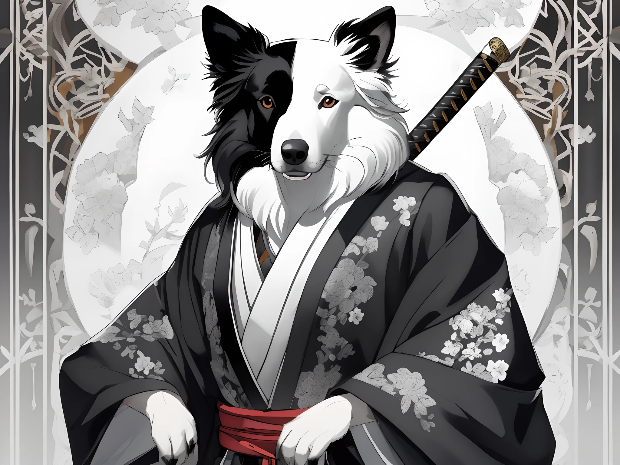There is a dog that is dressed in a kimono outfit, japanese dog, feudal japan art, anime raposa branca, inspired by Tōshūsai Sharaku, japanese art style, inspired by Kanō Hōgai, arte oficial altamente detalhada, raposa nobushi segurando uma naginata, arte peluda muito bonita, Arte conceitual tradicional japonesa