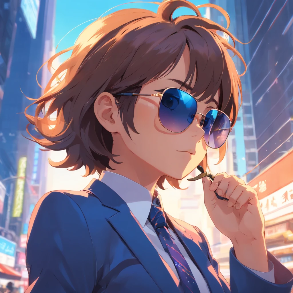 An artistic rendering of monkey in a cool suit and sunglasses, com um fundo brilhante e colorido, renderizado em 8K hiper-realismo.