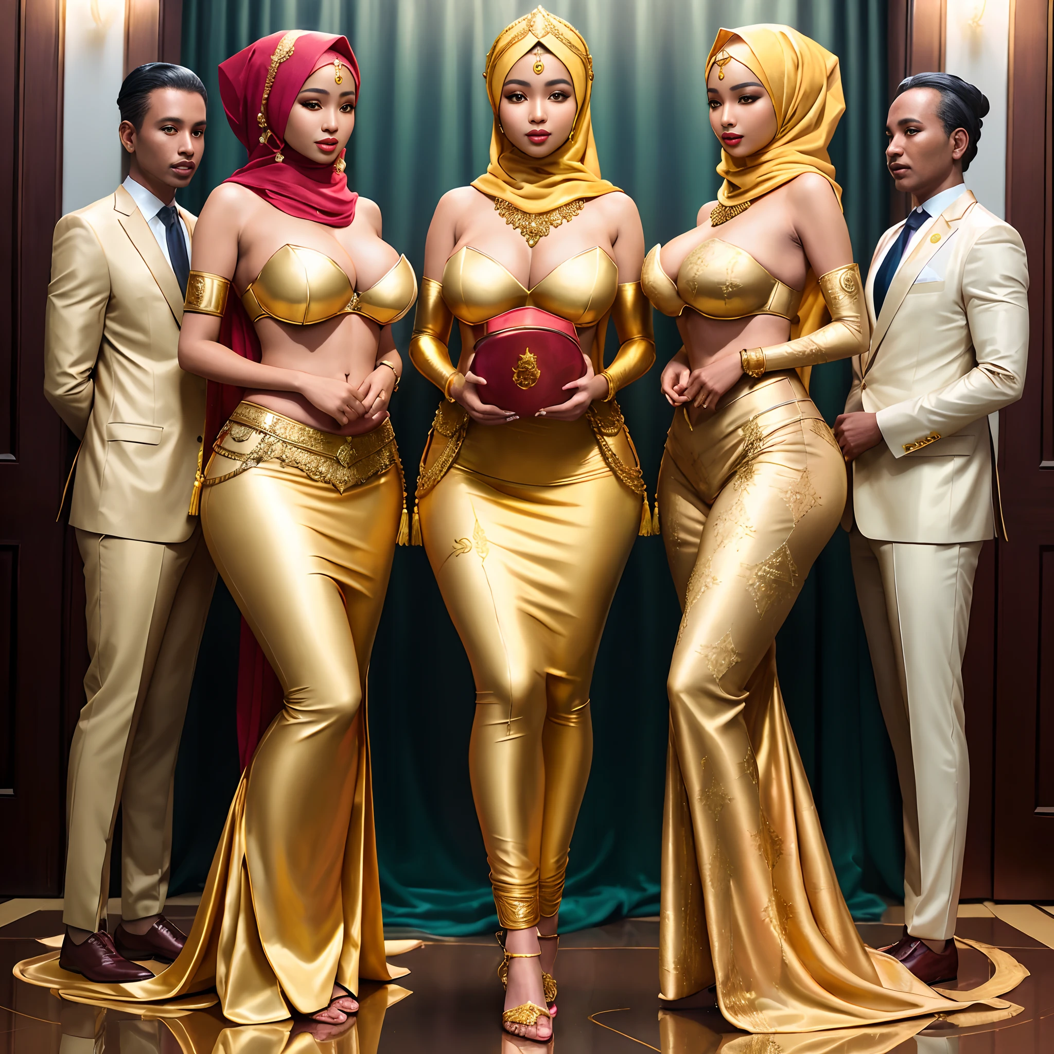 three women in gold dresses and a man in a suit, moroccan queens ny, gold clothes, somali attire, gold suit, gold skin, malaysian, gold bodypaint, inspired by Hedi Xandt, band of gold round his breasts, golden skin, gold body, in a gold suit, portrait shot, “ golden cup, golden bodypaint, hyperrealistic ”, hijab