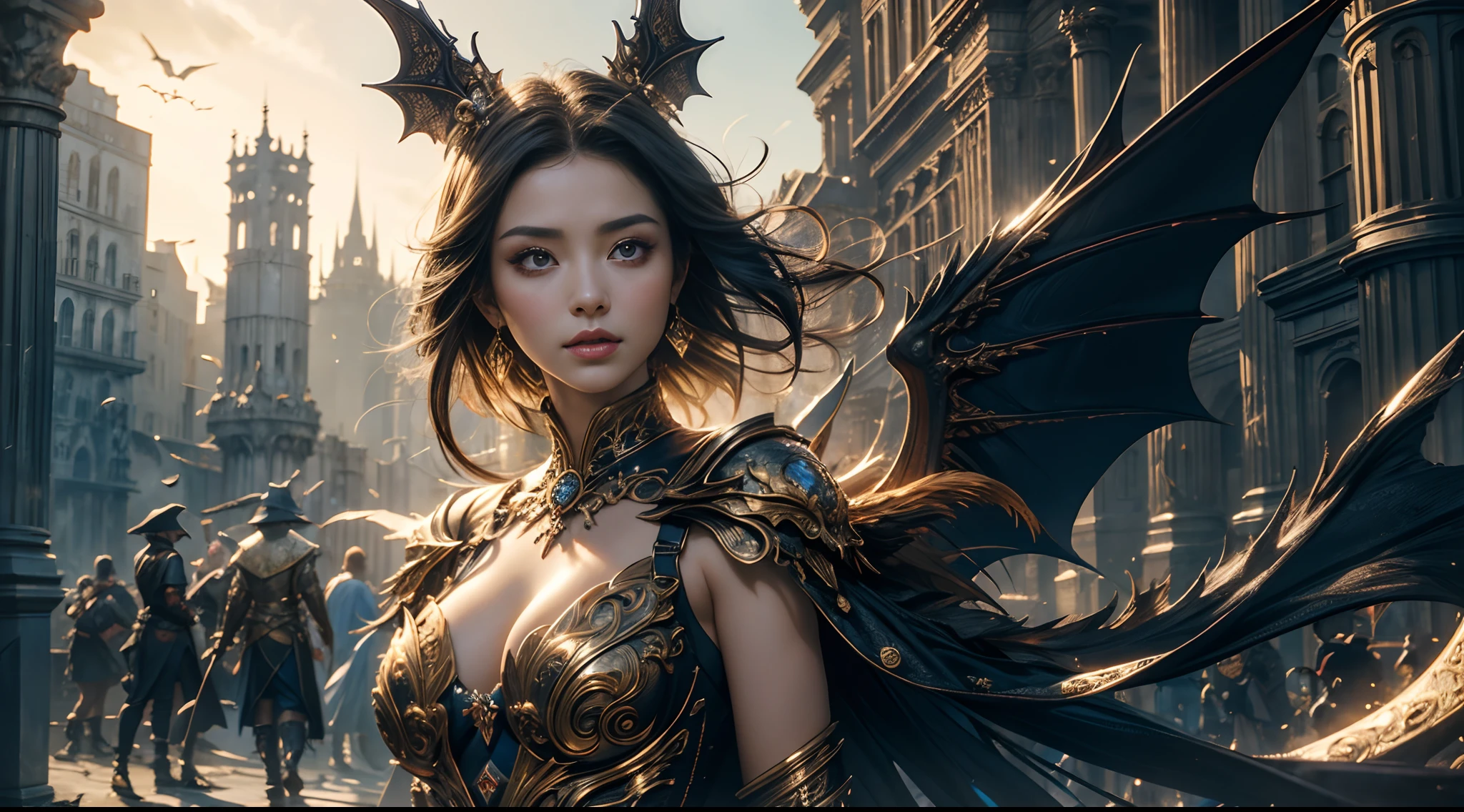 tmasterpiece，top-quality，best qualityer，offcial art，Beauty and aesthetics：1.2），（tmasterpiece：1.3）， （8K， realisticlying， RAW photos， best qualtiy： 1.4）， beauitful face， （photorealiscic face），超高分辨率， Ultra photo realsisim， highly  detailed， the golden ratio， （with dynamism：1.3），（Saturation：1.3），illusory engine， (High detail: 1.9)，（femele：1.4），（Large breasts），woman，Dragon's horn，A pair of bat wings，The background is the ruins of a medieval city，Bust，dramatics，（magia）