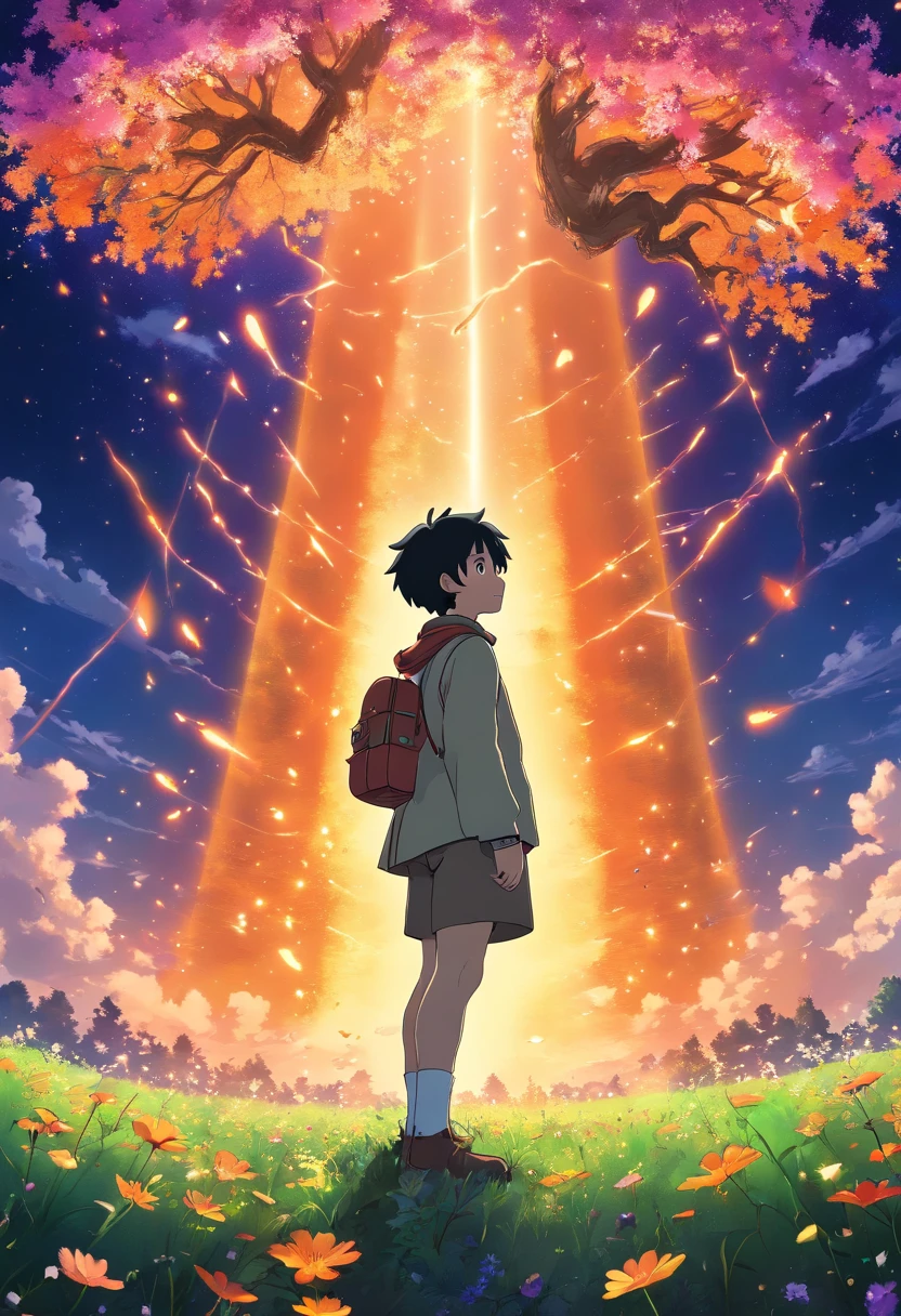 fotografia de paisagem expansiva , (a view from below that shows sky above and open field below), 1Boy with short black hair and jujutsu kaisen uniform standing in the fire field of flowers looking up,, (lua cheia:1.2), ( estrelas cadentes:0.9), (nebula:1.3), montanha distante, tree BREAK production art, (Fonte de Luz Quente:1.2), (Pirilamplighto:1.2), lamplight, muito roxo e laranja, detalhes intrincados, Volumetric lighting, Realismo BREAK (master part:1.2), (melhor qualidade), 4k, ultra-detalhado, (dynamic compositing:1.4), altamente detalhado, detalhes coloridos,( Cores iridescentes:1.2), (bright illumination, Atmospheric Illumination), sonhador, magica, (sozinho:1.2)