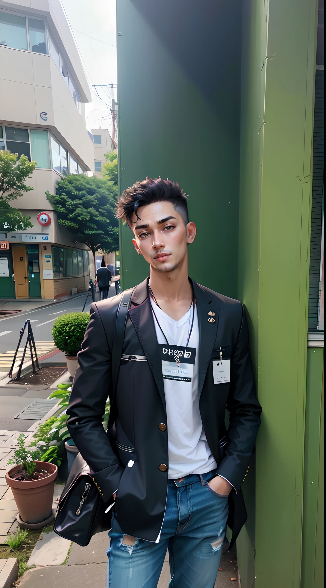 ung man, arafed standing in front of a green building with a black jacket, handsome