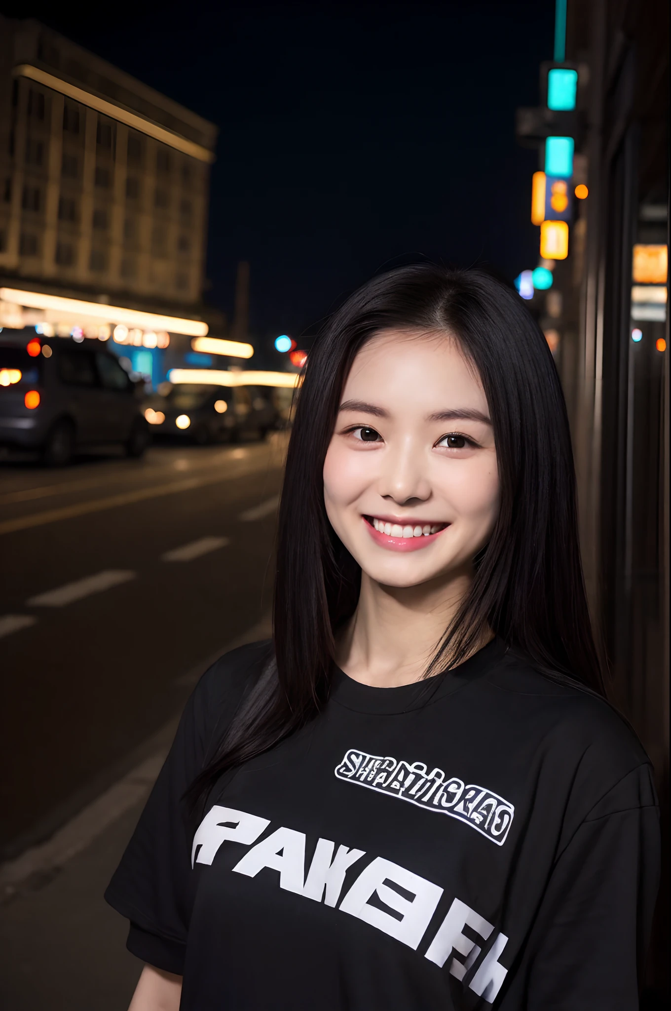 arafed woman standing on a city street at night, she is wearing streetwear, sha xi, she is smiling, chiho, jackie tsai style, wearing black tshirt, slight smile, wearing a black t-shirt, slight cute smile, thanshuhai, shy smile, asian girl, short smile, wearing a black tshirt, mid shot portrait, pokimane