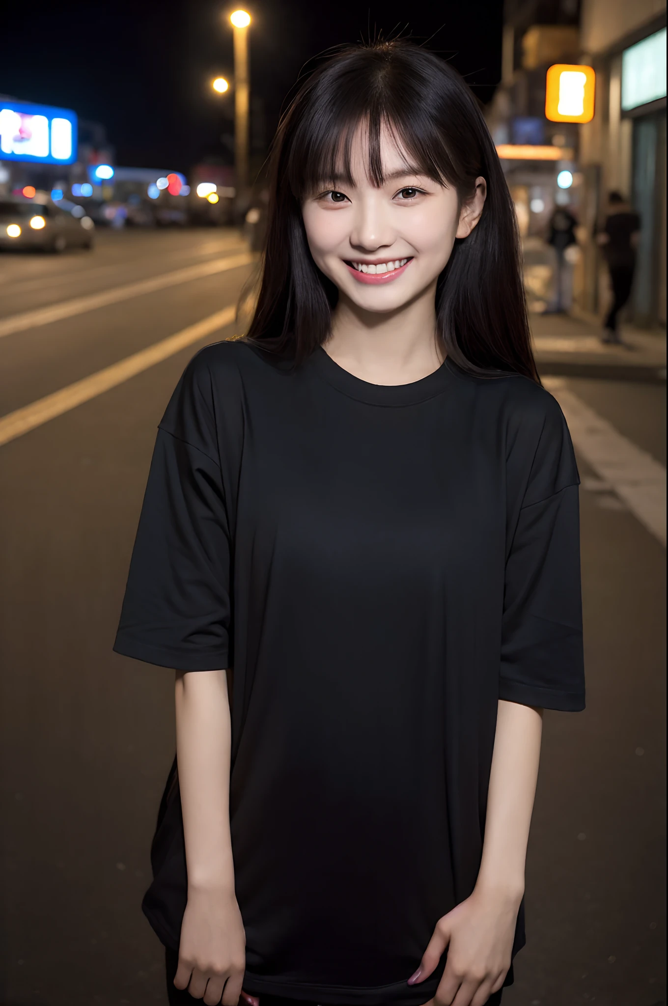 arafed woman standing on a city street at night, she is wearing streetwear, sha xi, she is smiling, chiho, jackie tsai style, wearing black tshirt, slight smile, wearing a black t-shirt, slight cute smile, thanshuhai, shy smile, asian girl, short smile, wearing a black tshirt, mid shot portrait, pokimane