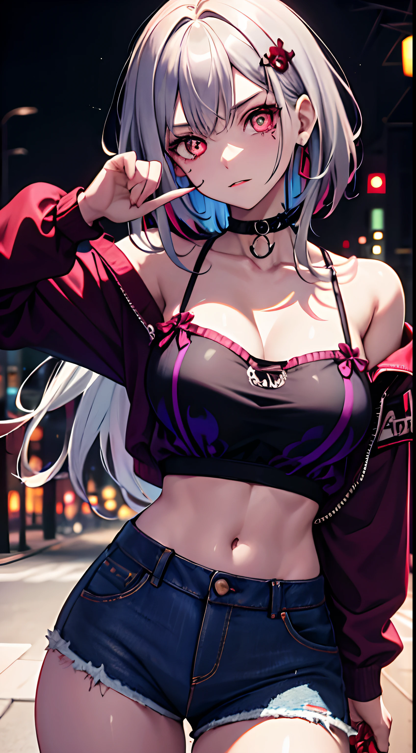 masutepiece, of the highest quality, Highly detailed,The best shading、
Beautiful anime face and eyes, cowboy shot, Standing, Good posture, Right hand on hip, The left hand draws a circle、Hold up your little finger、Glowing skin, ear piercings,Shorthair, half up、
Silver hair,Red inner hair color, Hairpin, (Angry face:0.8)、Multicolor eye color、Hanging、normal hands, Colossal tits, Bangles on the left hand, Choker,hair pin、
jaket、Patterned tube top shirt、Damaged Jeans Hot Pants、Stockings、The tattoo、
Night, fullmoon, cyberpunk street, Scattered light particles, Blurry background image,