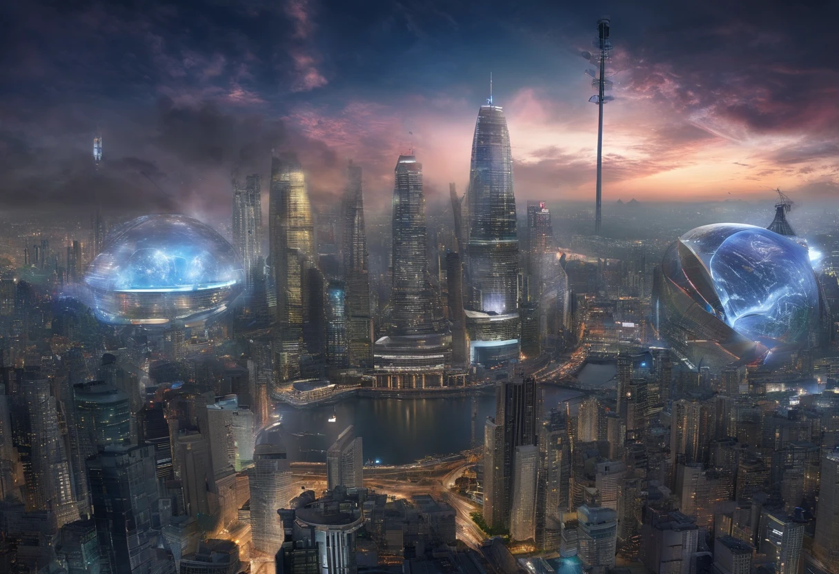 nighttime scene,Architectural photography depicting utopian cityscapes,skyscrapper,sense of science and technology,rainbow,holographic advertisements,flying cars,Rocket thrusters,A huge hemispherical transparent energy shield protects the entire city,Virtual light road high in the sky,Panorama Figures