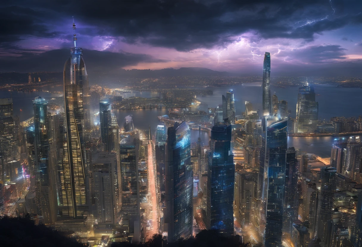 nighttime scene，Architectural photography depicting utopian cityscapes，skyscrapper，sense of science and technology，rainbow，holographic advertisements，flying cars，Rocket thrusters，A huge hemispherical transparent energy shield protects the entire city，Virtual light road high in the sky，Panorama Figures