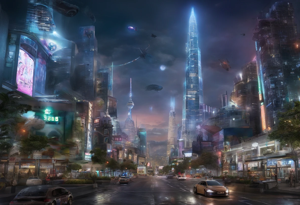nighttime scene,Architectural photography depicting utopian cityscapes,skyscrapper,sense of science and technology,rainbow,holographic advertisements,flying cars,Rocket thrusters,A huge hemispherical transparent energy shield protects the entire city,Virtual light road high in the sky,Panorama Figures