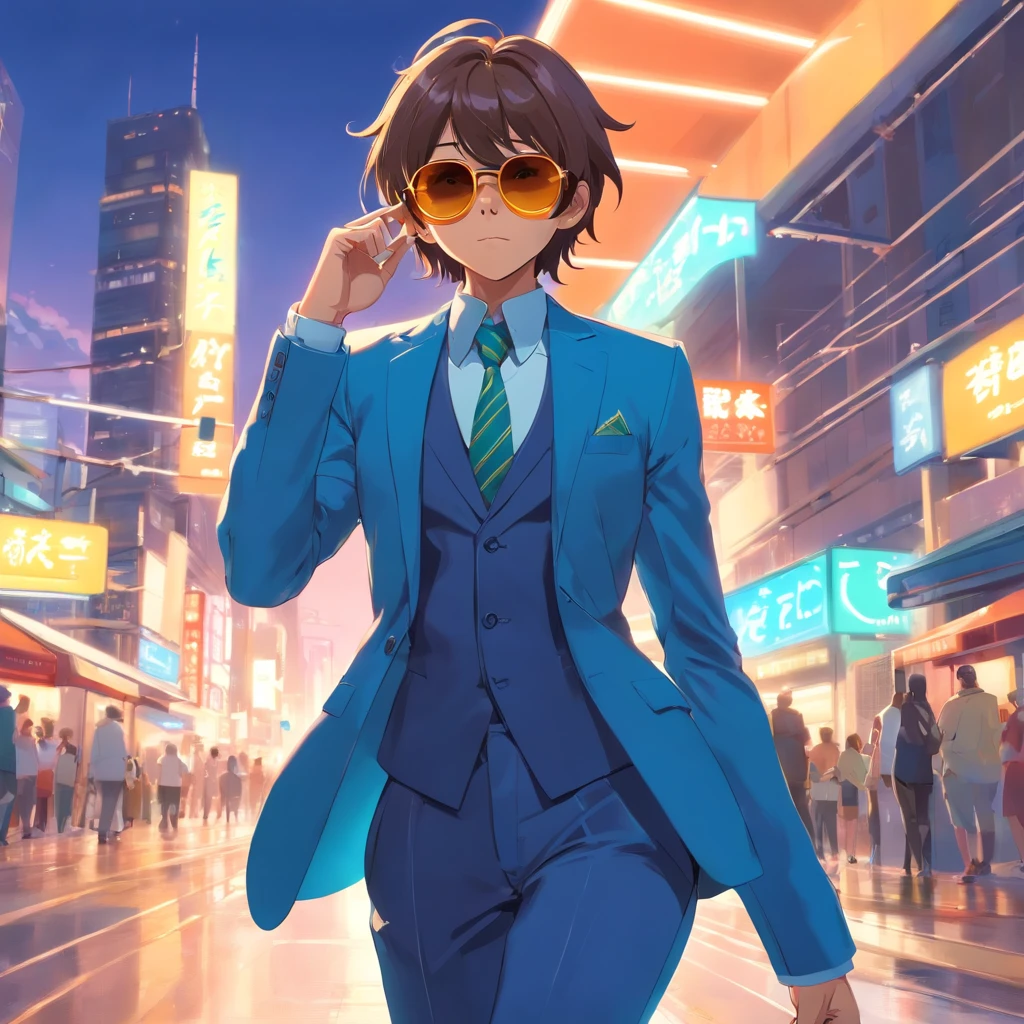 An artistic depiction of monkey in a cool suit and sunglasses, com um fundo brilhante e colorido, renderizado em 8K hiper-realismo.