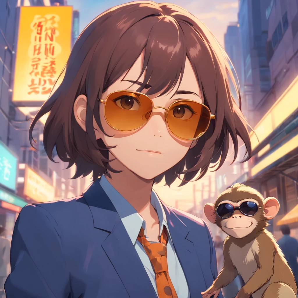 An artistic depiction of monkey in a cool suit and sunglasses, com um fundo brilhante e colorido, renderizado em 8K hiper-realismo.