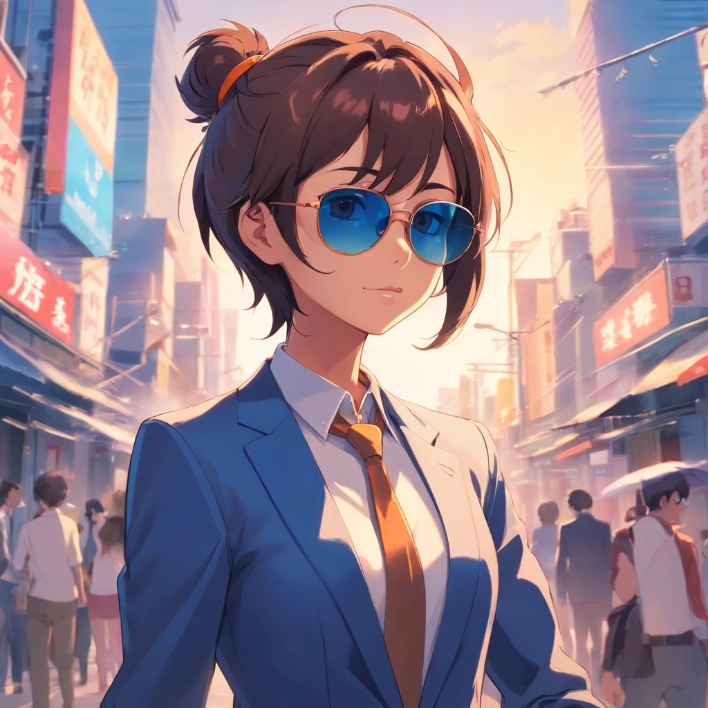 An artistic depiction of monkey in a cool suit and sunglasses, com um fundo brilhante e colorido, renderizado em 8K hiper-realismo.