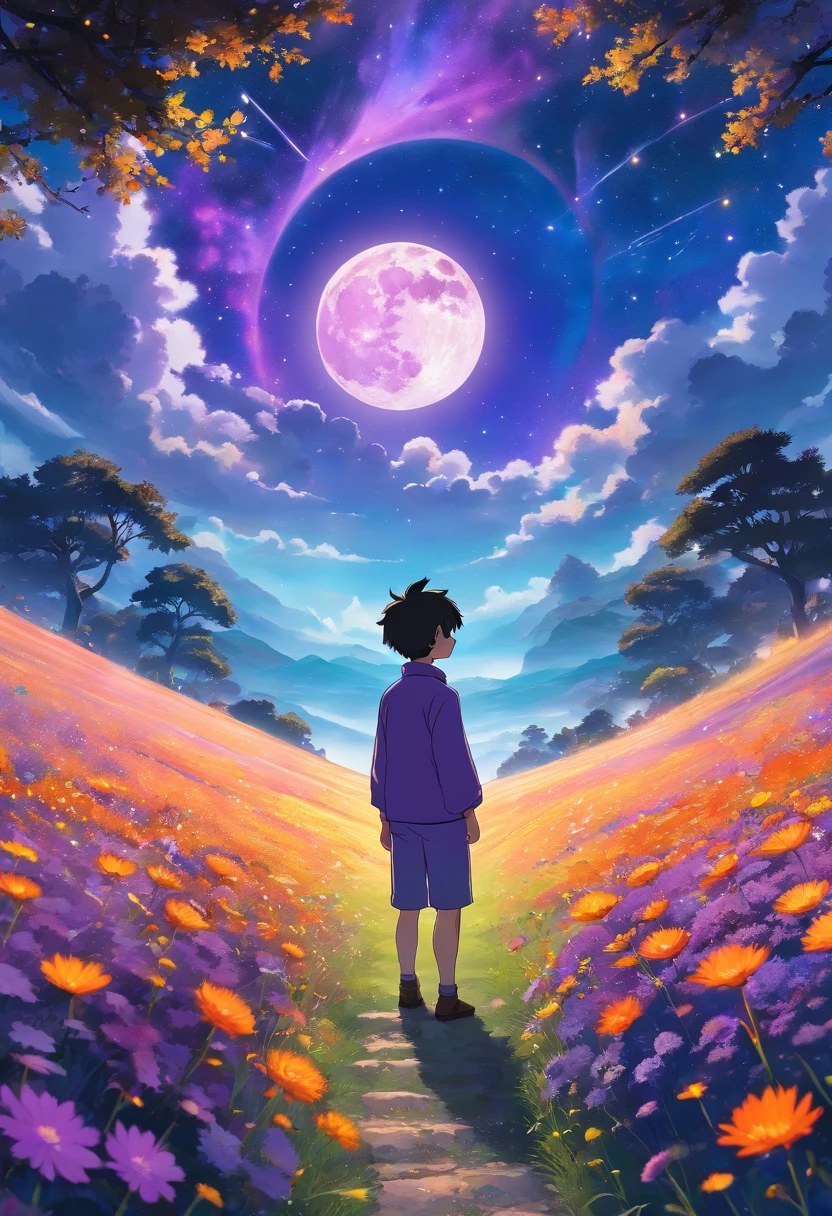 expansive landscape photography, (a view from below showing the sky above and the open field below), 1boy with short black hair and jujutsu kaisen uniform standing in the fiery field of flowers looking up,, (full moon:1.2 ), (shooting stars:0.9), (nebula:1.3), distant mountain, production art BREAK tree, (Warm Light Source:1.2), (PiriLampiãoo:1.2), Lampion, lots of purple and orange, intricate details, lighting volumetric, BREAK Realism (masterpiece:1.2), (best quality), 4k, ultra-detailed, (dynamic composition:1.4), highly detailed, colorful details, (iridescent colors:1.2), (bright lighting, atmospheric lighting), dreamy, magical, (alone:1.2)