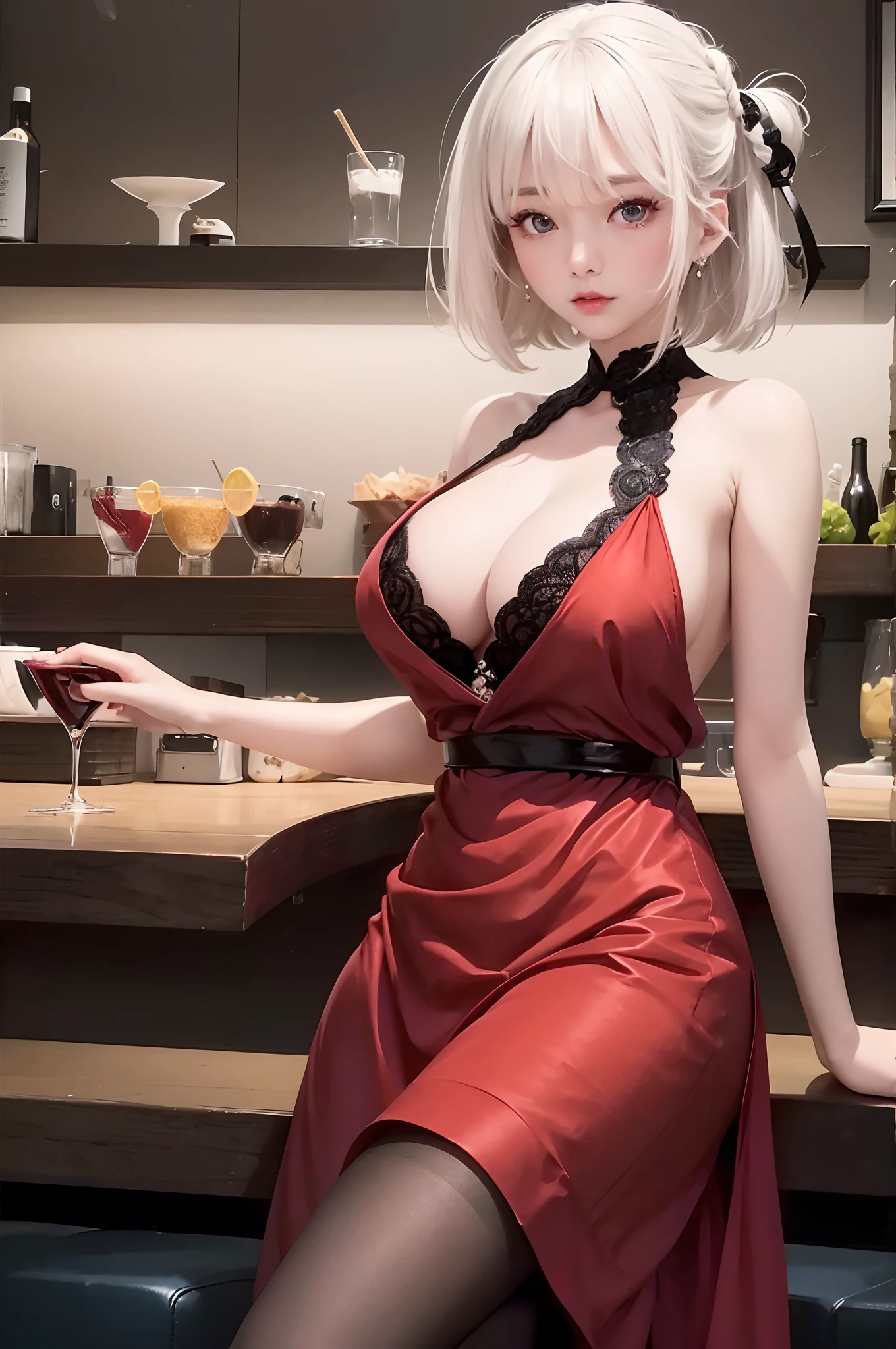 looking from above,((best qualtiy)),((tmasterpiece)),(the detail),1girll,She wore a revealing white dress。The dress exposes the shoulders and navel,Fits the body,It beautifully accentuates its curves。Her skin was as white as ivory,Soft and smooth to the touch。Her branded hair is straight and shiny。Her long hair ran down her back,Make her figure look more beautiful。Her eyes were big and deep indigo。Her lips are painted with cherry-colored lipstick,Plump and raised。Her figure is somewhat mysterious,looking at viewert。She is in a minimalist、Simple and stark white room。Her face was beautifully trimmed,Her eyes and nose are clear。The big black eyes are attractive,It exudes a deep and subtle light。Her hair was long and shiny,Her ethereal beauty further enhances her charm。Her mouth is small,Well-shaped lips sparkle。Her skin is smooth,Tremendously beautiful,Almost silky。Her breasts and buttocks were large,The slender waist has a smooth line,The are beautiful。,(,,,),long drooping,long drooping,Abs,Wear white stockings