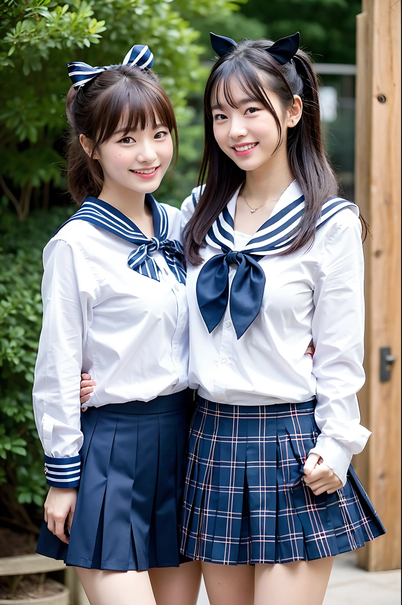 2 girls sitting on desk in school classroom,long-sleeved white sailor shirt with bow tie,white panties,18-year-old,bangs,a little smile,thighs,knees,short cut hair,low ponytail,from below,front-lighting