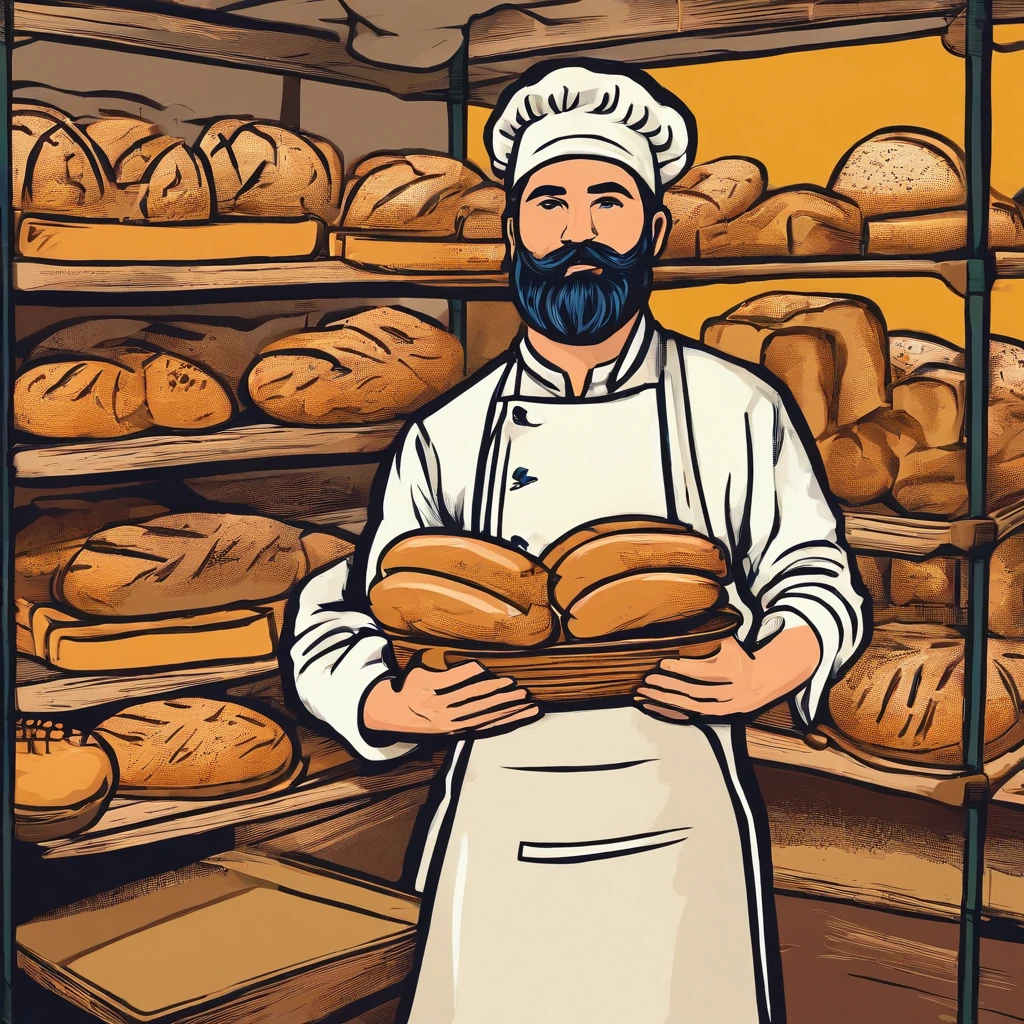 a dedicated baker crafting a batch of artisanal bread. The image reveals a rustic bakery with wooden shelves lined with loaves of freshly baked bread, still warm from the oven. The baker, a bearded man in his forties, expertly shapes the dough, his hands moving with precision. A sprinkle of flour dusts the air, creating a picturesque scene. The backdrop showcases a brick oven and a display of handcrafted bread baskets. This photograph captures the essence of artisanal baking and the craftsmanship behind every loaf. Photographed by Chad Robertson, a renowned baker and co-founder of Tartine Bakery