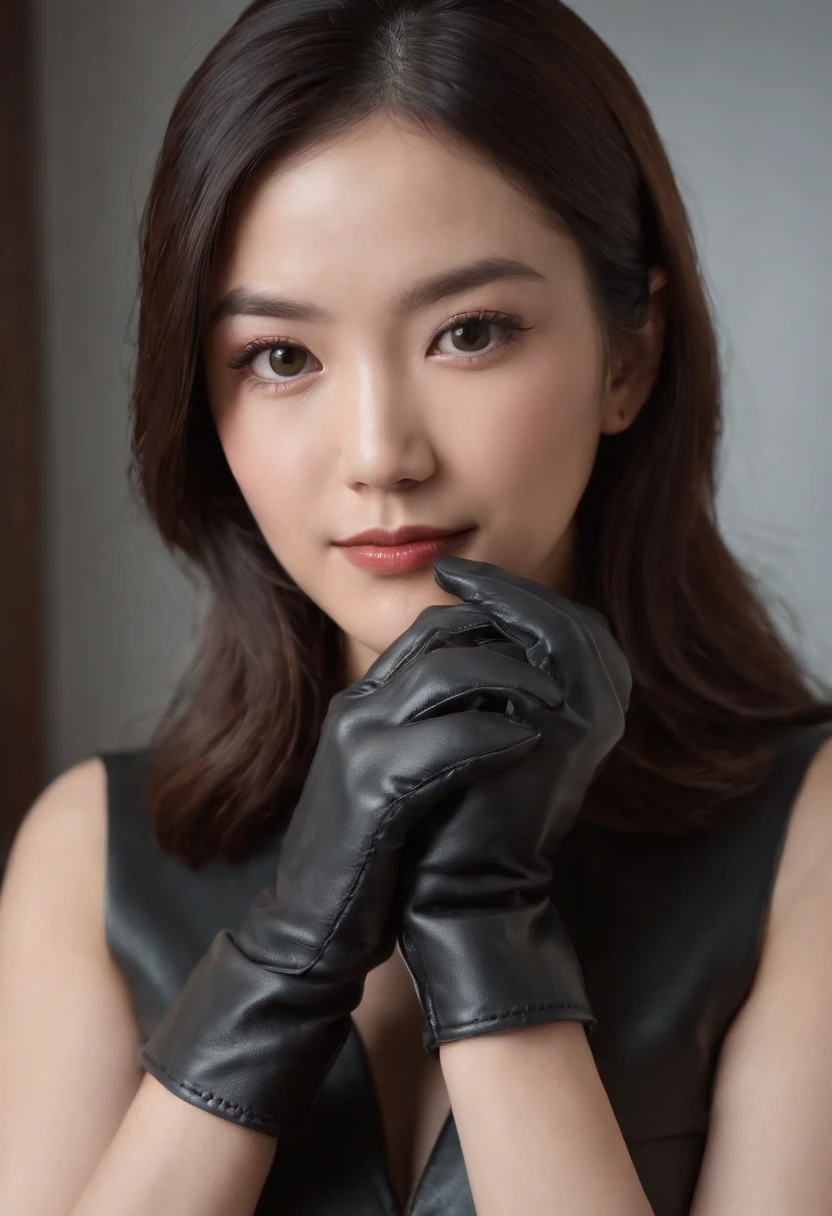 I'm wearing black leather gloves up to my fingertips in both hands and covering my upper body. Black three-piece suit. Sitting in a leather chair on a desk in my room with a computer in the dark and laughing behind the screen. Black hair tied up behind for a long time. Look here, play with my hair with the fingertips of black leather gloves, an exceptionally cute Japanese female