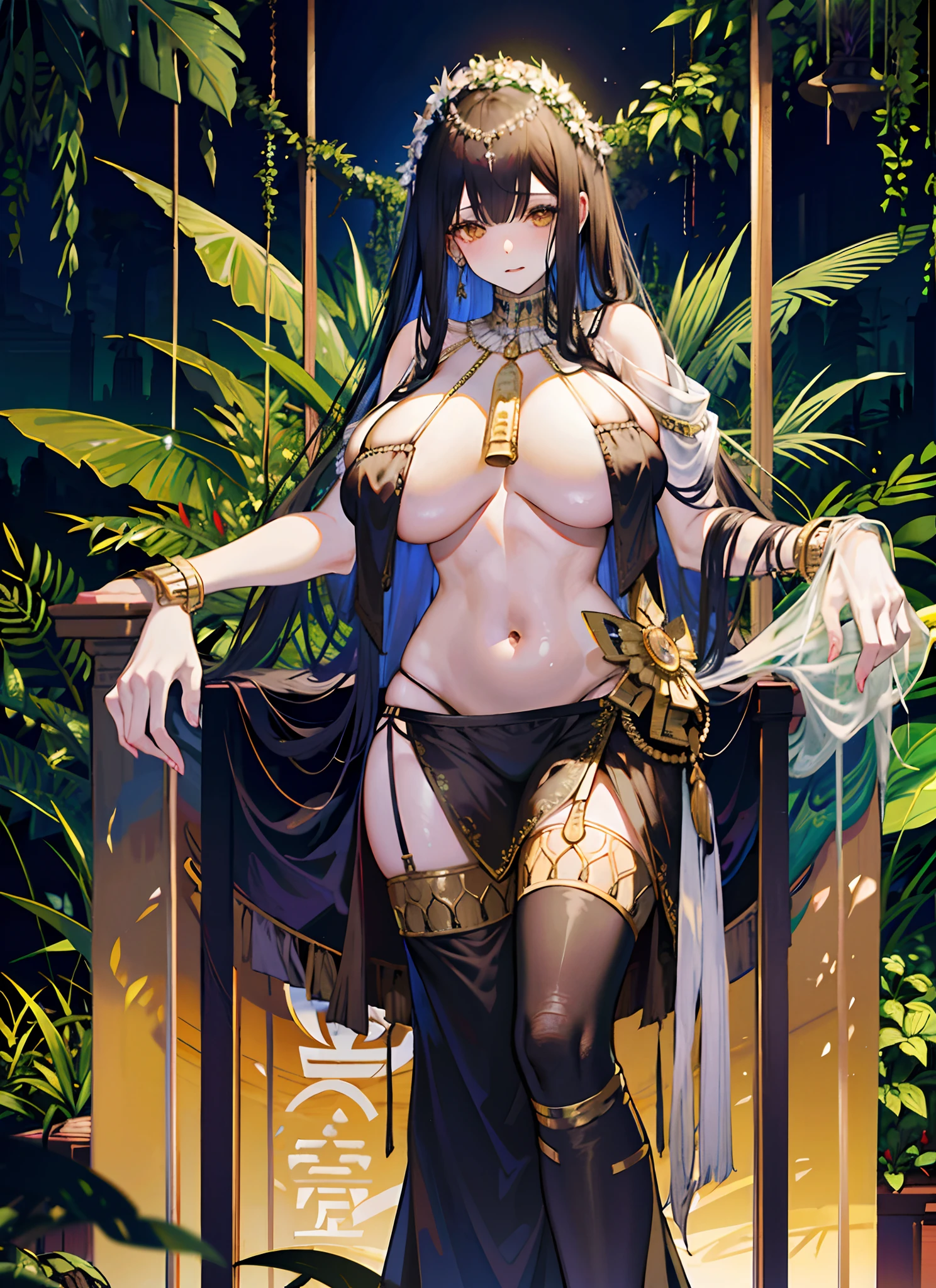 (long  white hair)，the rainforest，a throne，A desert，Egyptian culture，Pharaoh，Cleopatra，a mature female，Black skin，Brown skin，(Dress revealingly)，(huge tit)，((cleavage))，(((tit)))，((Erotic lingerie))，(revealing her belly)