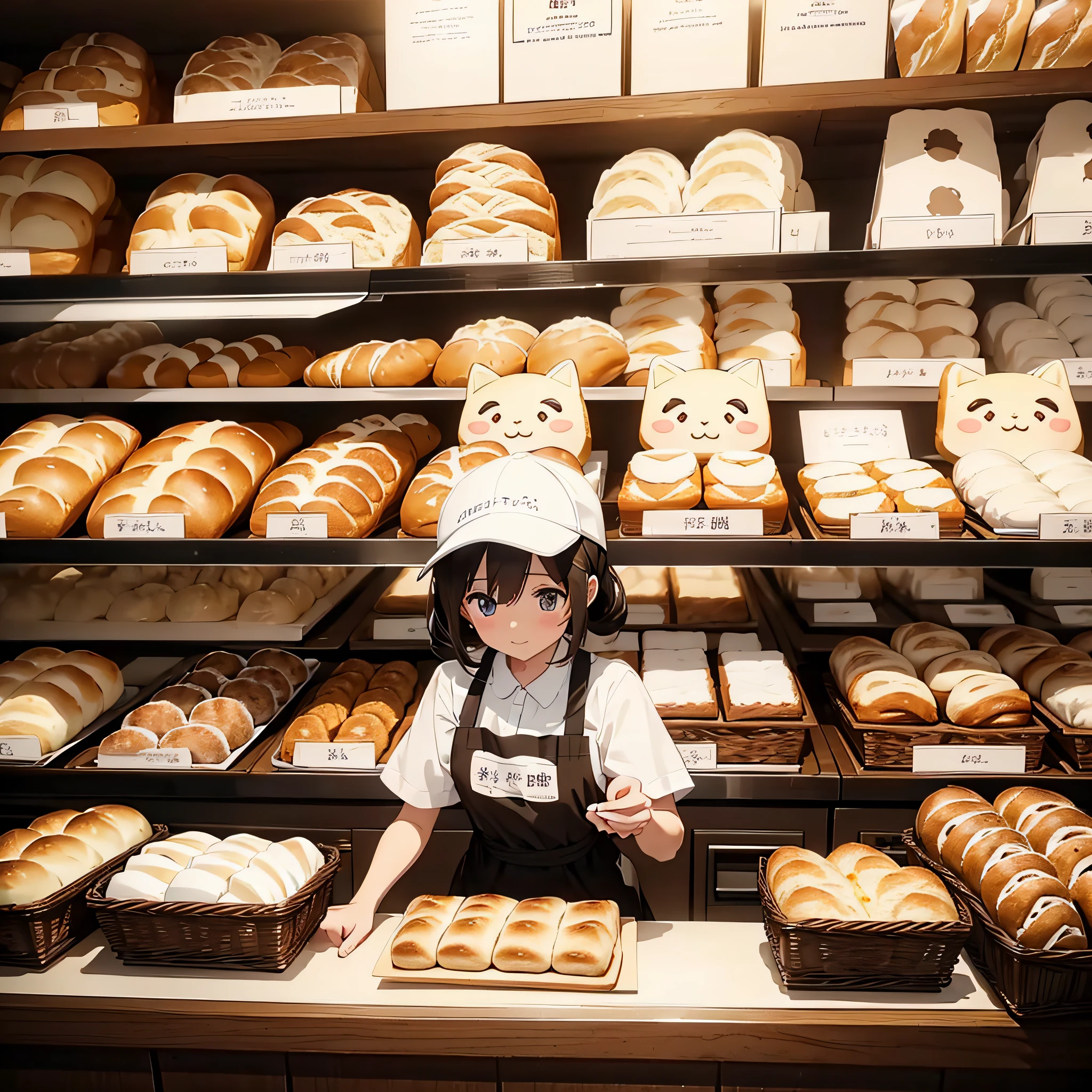 Masterpiece、((The inside of a bakery famous for its cute clerks and a cute baker、Bread with the face of an anime character、Cute-looking bread is on display.)):1.9、Bread making、Highly detailed background,Realistic,ultra-detailliert,super detailed skin,light glow,Film grain,Expro II,Lens Flare,Sharpen,cinematic shadow