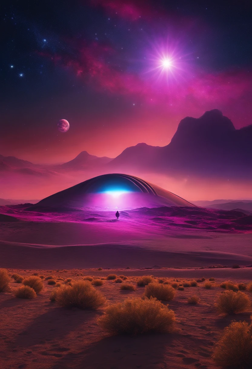 Stranger, A spaceship in the shape of a black sunflower seed lands, On an alien desert planet with many oases, Every step he took was、Erupted with a shockwave of colorful light and sound。, An alien greets him, Fluffy clouds in magenta color, Blue and purple dusty sky, Ultra-detailed realist with 64k resolution、Started seeing stars in the night sky in the 1970s science fiction art style.
