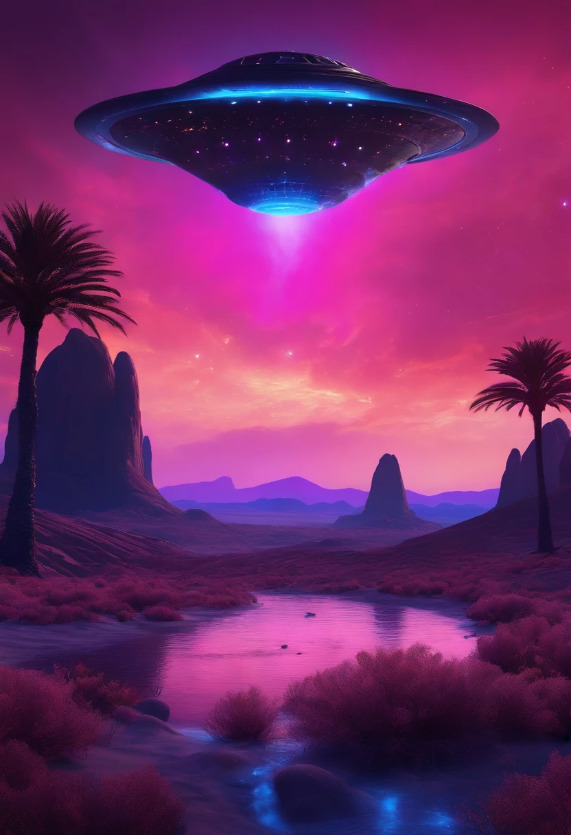Stranger, A spaceship in the shape of a black sunflower seed lands, On an alien desert planet with many oases, Every step he took was、Erupted with a shockwave of colorful light and sound。, An alien greets him, Fluffy clouds in magenta color, Blue and purple dusty sky, Ultra-detailed realist with 64k resolution、Started seeing stars in the night sky in the 1970s science fiction art style.