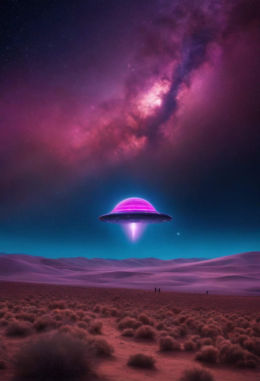 Stranger, A spaceship in the shape of a black sunflower seed lands, On an alien desert planet with many oases, Every step he took was、Erupted with a shockwave of colorful light and sound。, An alien greets him, Fluffy clouds in magenta color, Blue and purple dusty sky, Ultra-detailed realist with 64k resolution、Started seeing stars in the night sky in the 1970s science fiction art style.