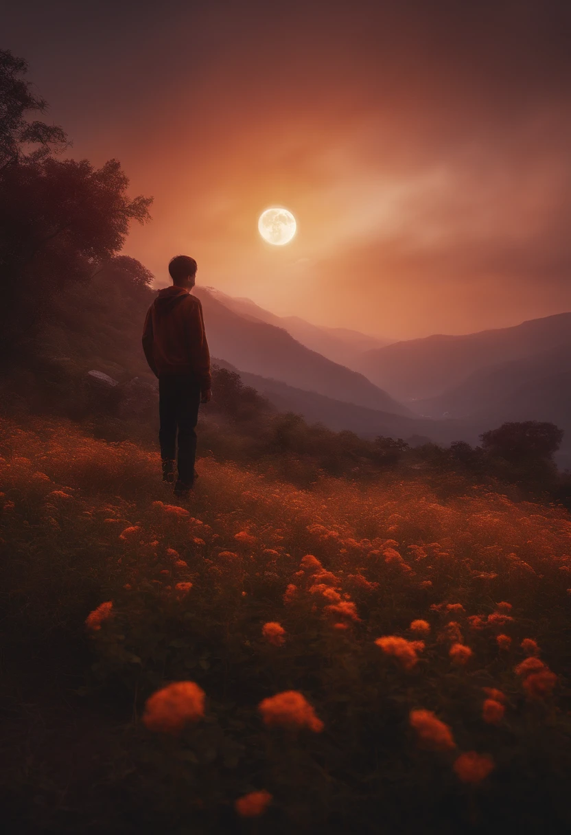 expansive landscape photography, (a view from below showing the sky above and the open field below), 1boy with short black hair and jujutsu kaisen uniform standing in the fiery field of flowers looking up,, (full moon:1.2 ), (shooting stars:0.9), (nebula:1.3), distant mountain, production art BREAK tree, (Warm Light Source:1.2), (PiriLampiãoo:1.2), Lampion, lots of purple and orange, intricate details, lighting volumetric, BREAK Realism (masterpiece:1.2), (best quality), 4k, ultra-detailed, (dynamic composition:1.4), highly detailed, colorful details, (iridescent colors:1.2), (bright lighting, atmospheric lighting), dreamy, magical, (alone:1.2)