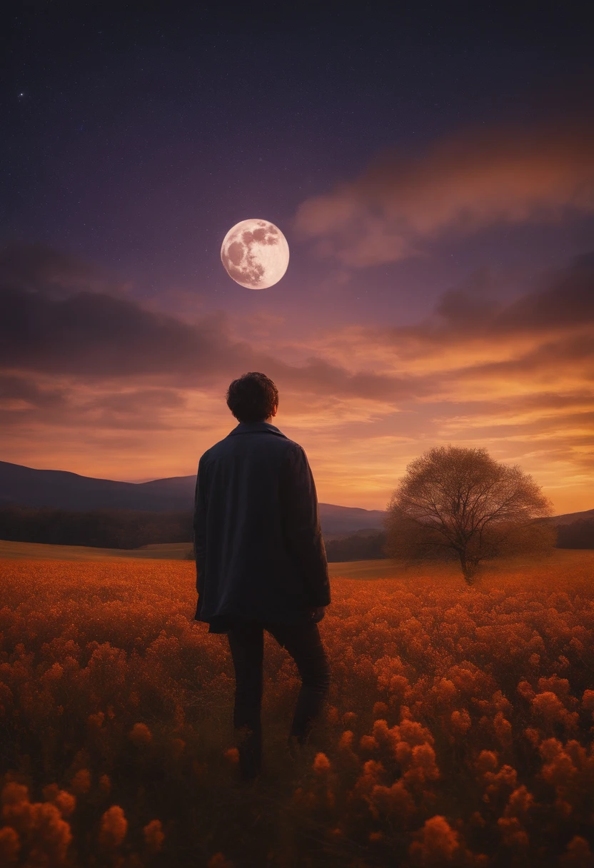 expansive landscape photography, (a view from below showing the sky above and the open field below), 1boy with short black hair and jujutsu kaisen uniform standing in the fiery field of flowers looking up,, (full moon:1.2 ), (shooting stars:0.9), (nebula:1.3), distant mountain, production art BREAK tree, (Warm Light Source:1.2), (PiriLampiãoo:1.2), Lampion, lots of purple and orange, intricate details, lighting volumetric, BREAK Realism (masterpiece:1.2), (best quality), 4k, ultra-detailed, (dynamic composition:1.4), highly detailed, colorful details, (iridescent colors:1.2), (bright lighting, atmospheric lighting), dreamy, magical, (alone:1.2)