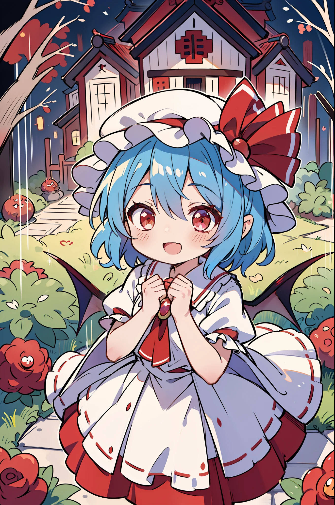 Kyoto Animation Style, idol@Star Style, remilia scarlet from touhou, 1girl in, (Little Girl), 4K8K,Bright, Colorful, Cute anime face, Adorable, (((Background Garden of the Red Demon House))), blush,Smile,Open mouth, Hands up, Red Eyes,Blue hair, weddingdress,robe blanche, Cowboy Shot,Looking Up,