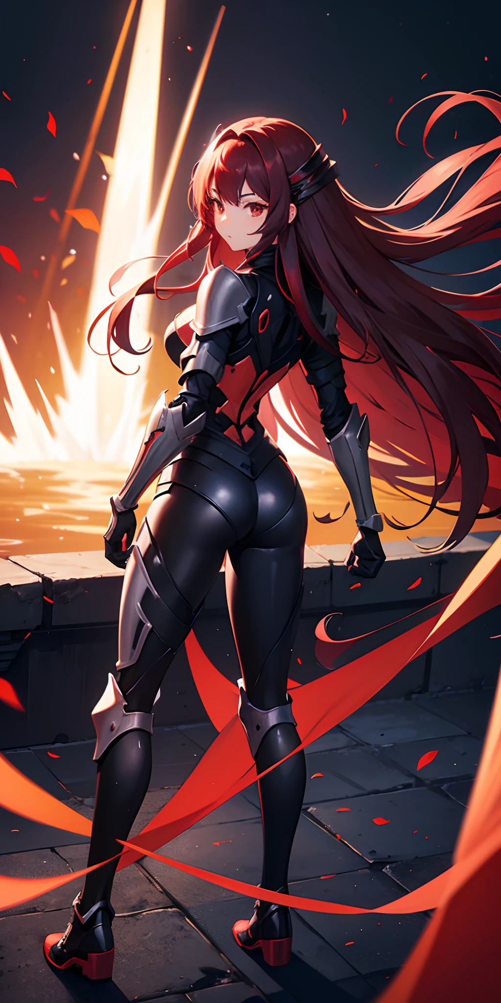 ((anime)), (full body view), (1 girl), (black armor), (crimson long hair:1.2), short