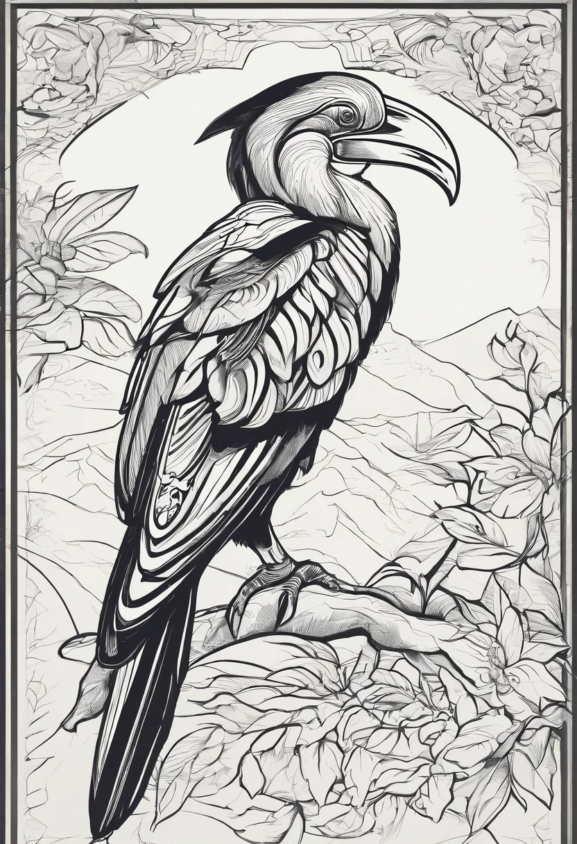 A hornbill，Hand-drawn line drawings，Ultra-clear line drawing，Color style，Ultra-clear details，New Chinese，超高分辨率，8K