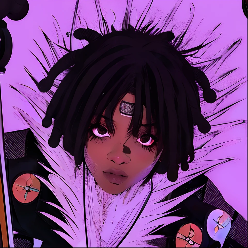 um close up de uma pessoa com um fundo roxo, anime afrofuturismo, Black boy from anime manga, estilo anime afro samurai, afro samurai manga style, Trippie assustado, Coringa se parece com Naruto, Ohararyu, um ciborgue negro adolescente, cara bonito na arte demon slayer, afro samurai animes style, Estilo Afro Samurai, Pupilas de anime negras em seus olhos