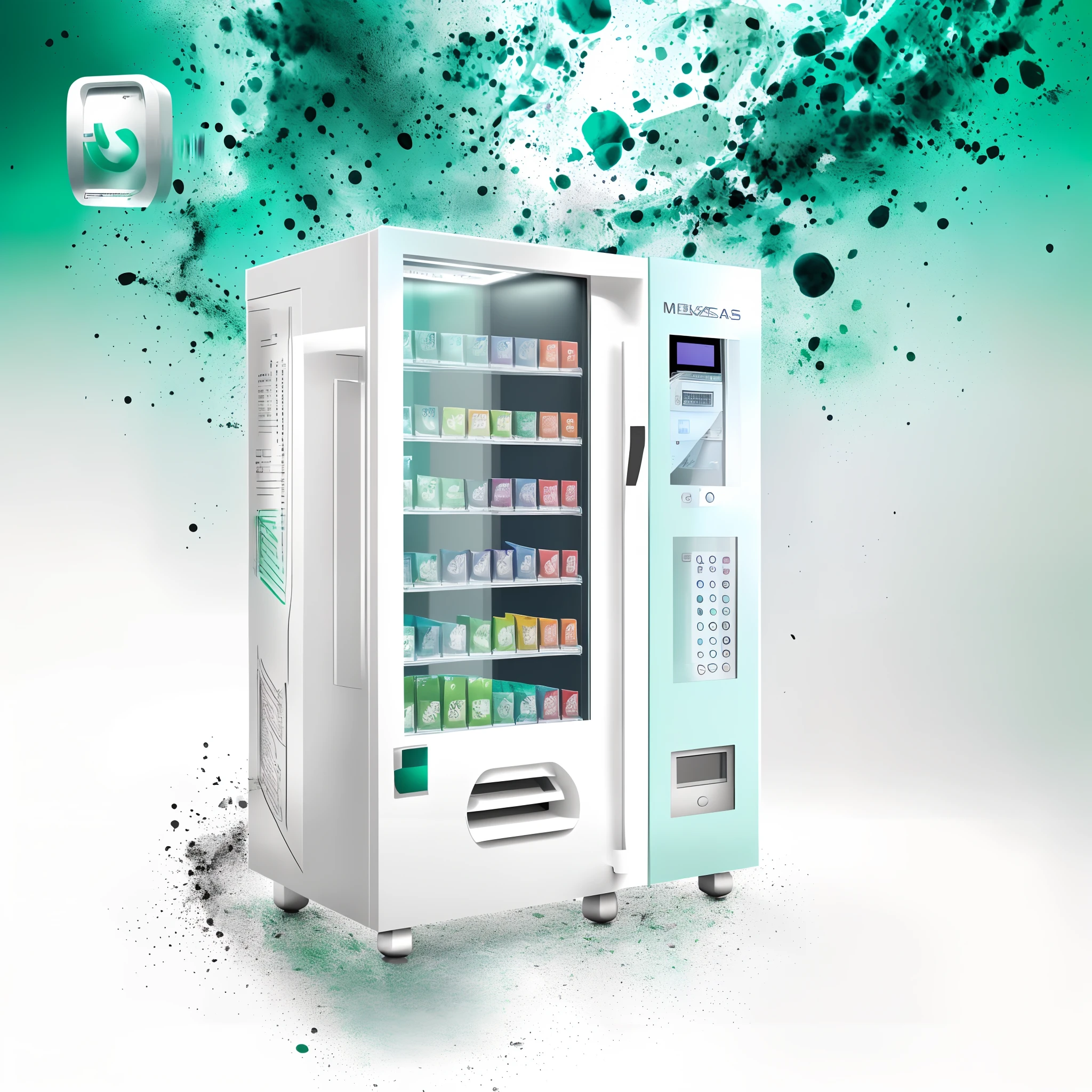mouth mask,pharmaceuticals,and other medical elements,or vending machines related to products such as medical, The panel is centered, Official product image,The upper large screen is the advertising screen,The small place that protrudes from the front is the card machine,The body is simple,Literary style design,Reasonable elements with medical elements appear on the body, Such as a doctor , Other elements,Such as masks and viruses, etc,Concise elements,Elements such as the sense of design can also be a little more and so on,The whole is dominated by light green and blue,The color distribution can be 50 each%The elements are more diverse, You can be a little more medical,More technical